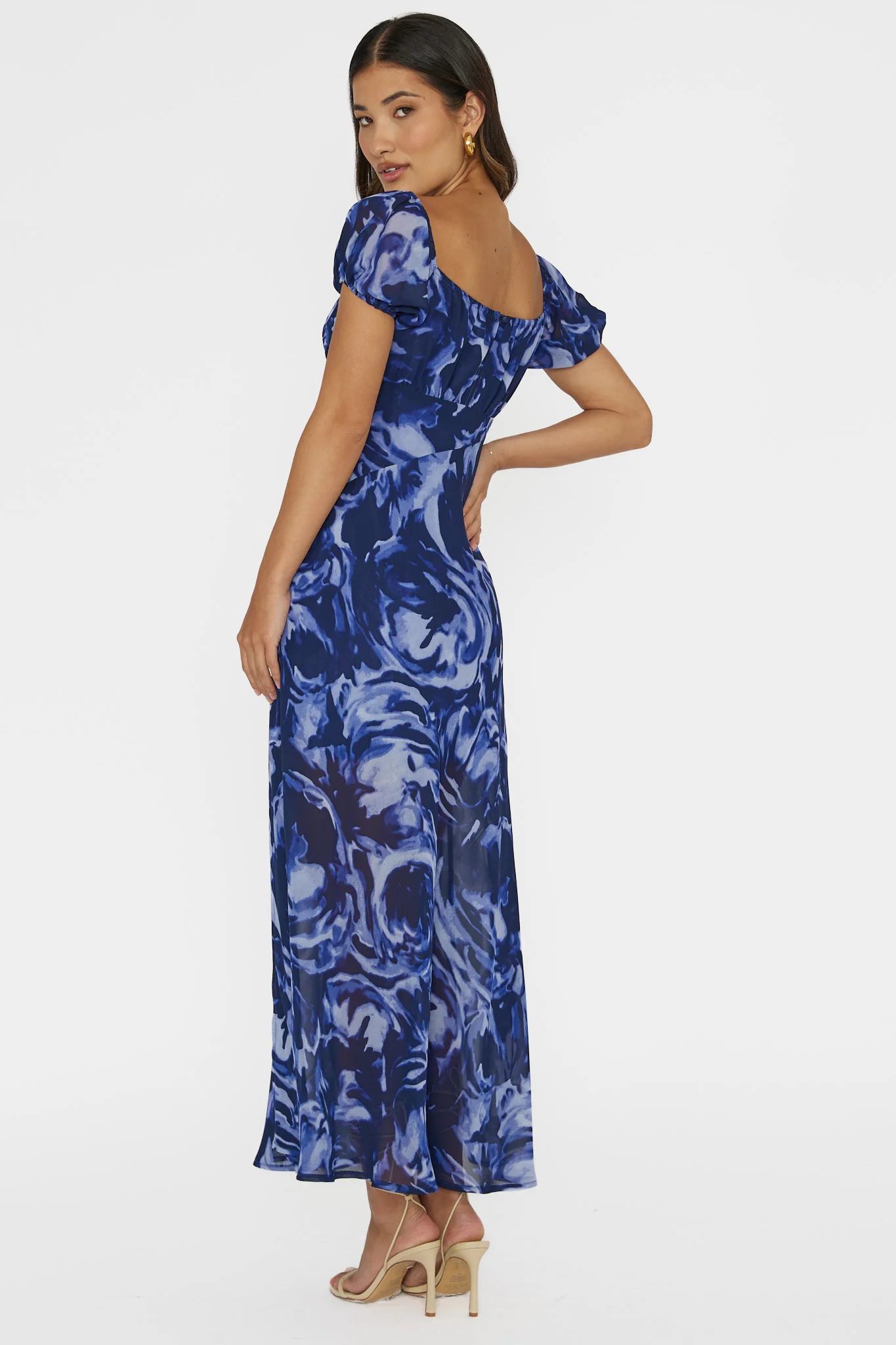 Park Avenue Puff Sleeve Midi Dress Print Blue
