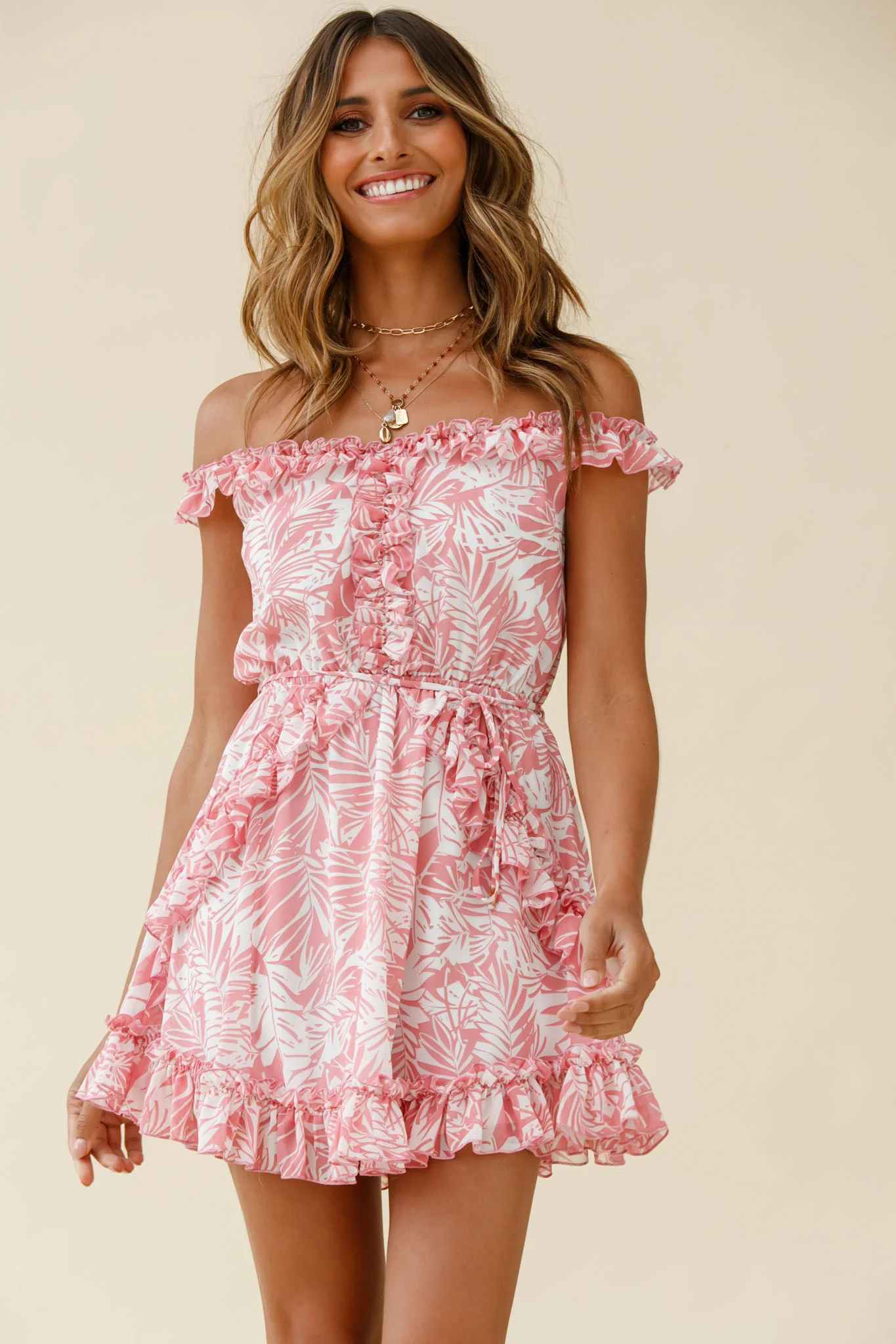 Sail Away Off-Shoulder Frill Accent Dress Tropical Print Pink