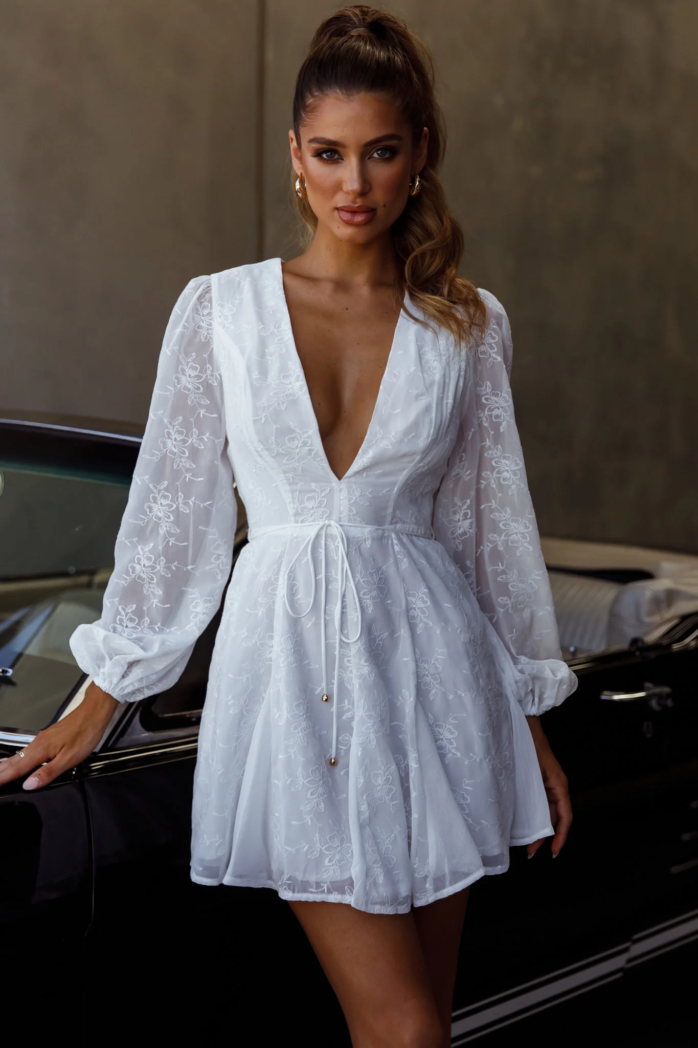 Estelle Long Sleeve V-Neckline Dress Embroidered White