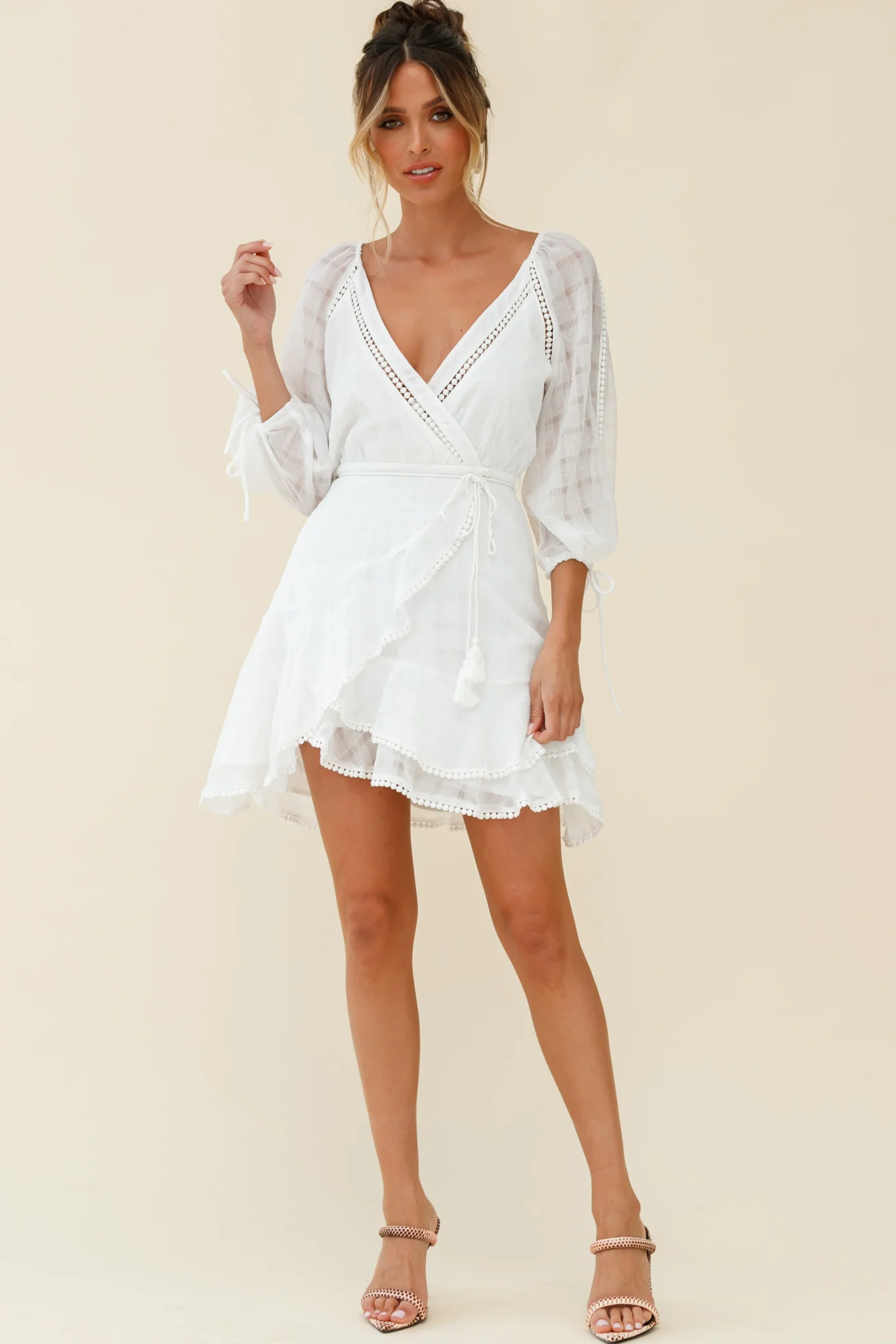 Wilde Balloon Sleeve Crochet Trim Dress White