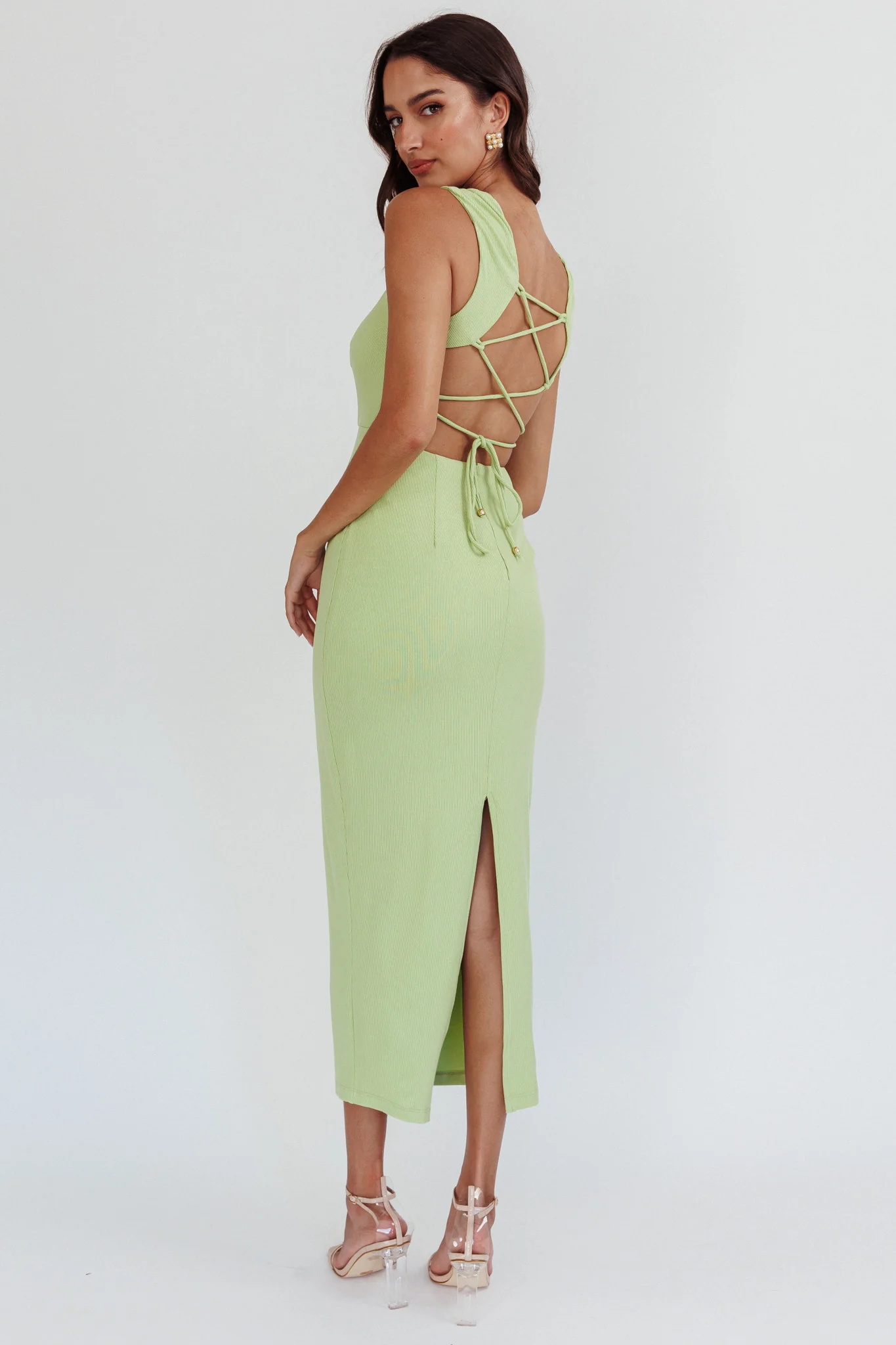 Jennine Lace-Up Back Midi Dress Matcha