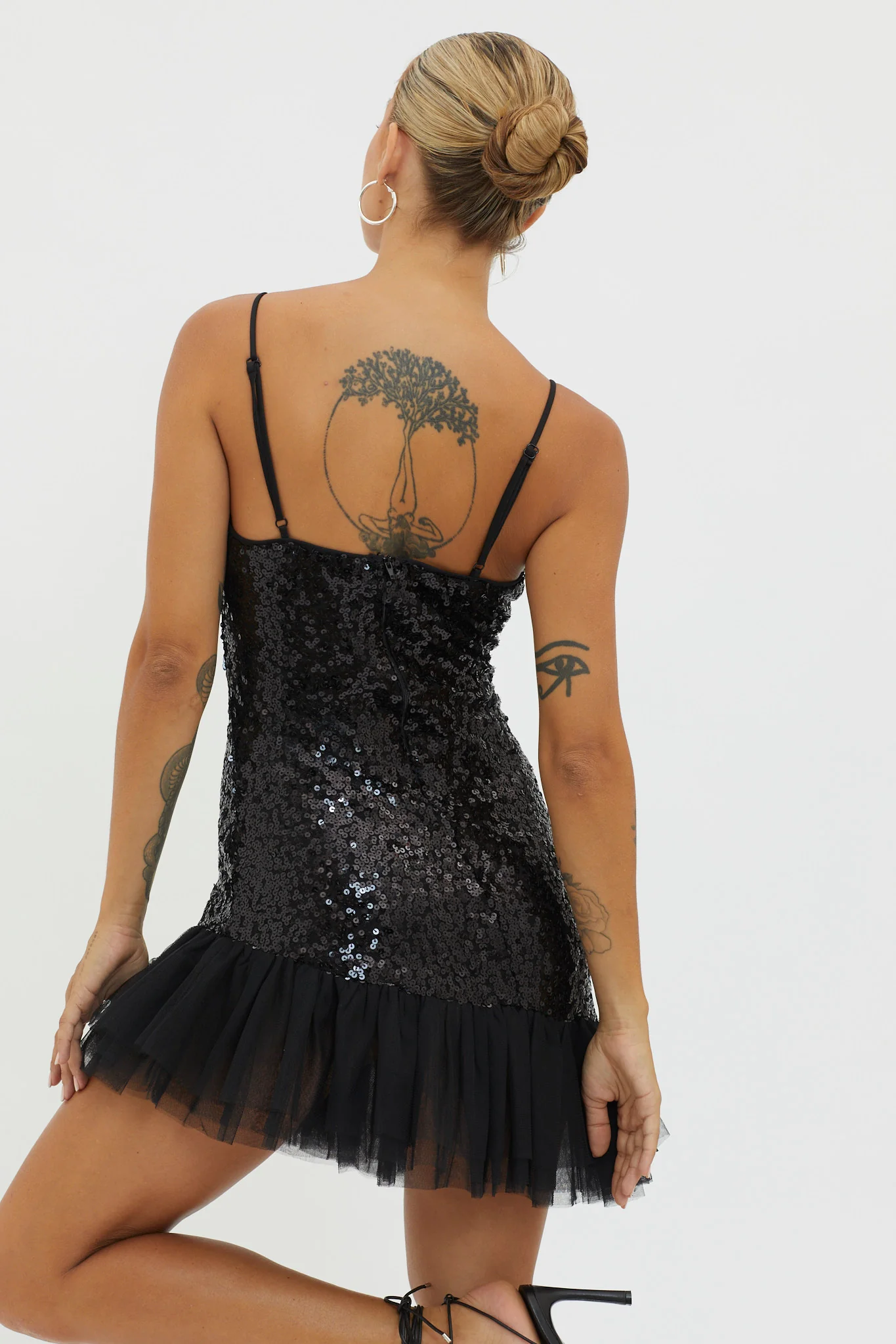 Sassafras Tulle Hem Sequin Mini Dress Black