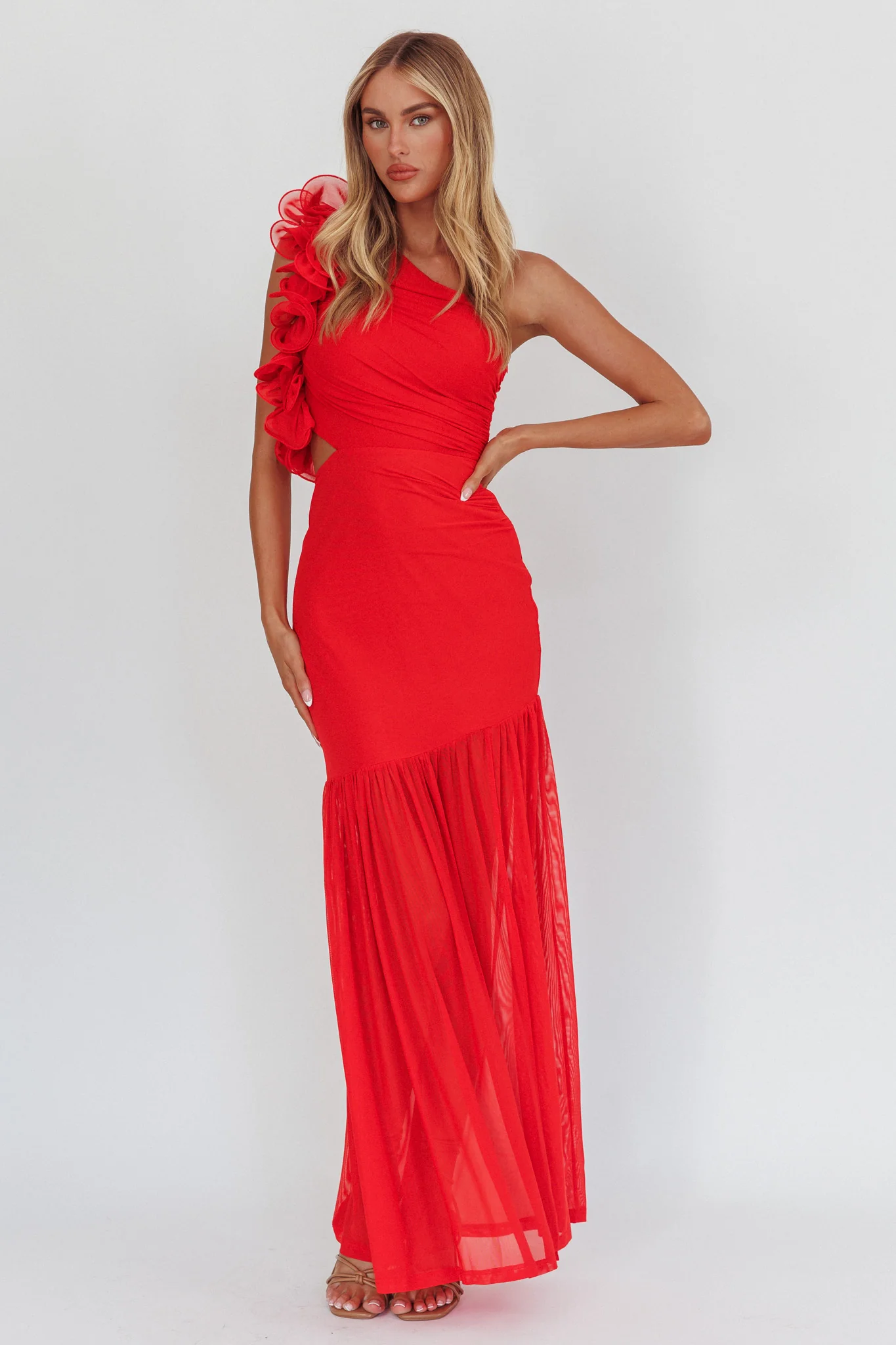 Deanna One-Shoulder Sheer Hem Maxi Dress Red