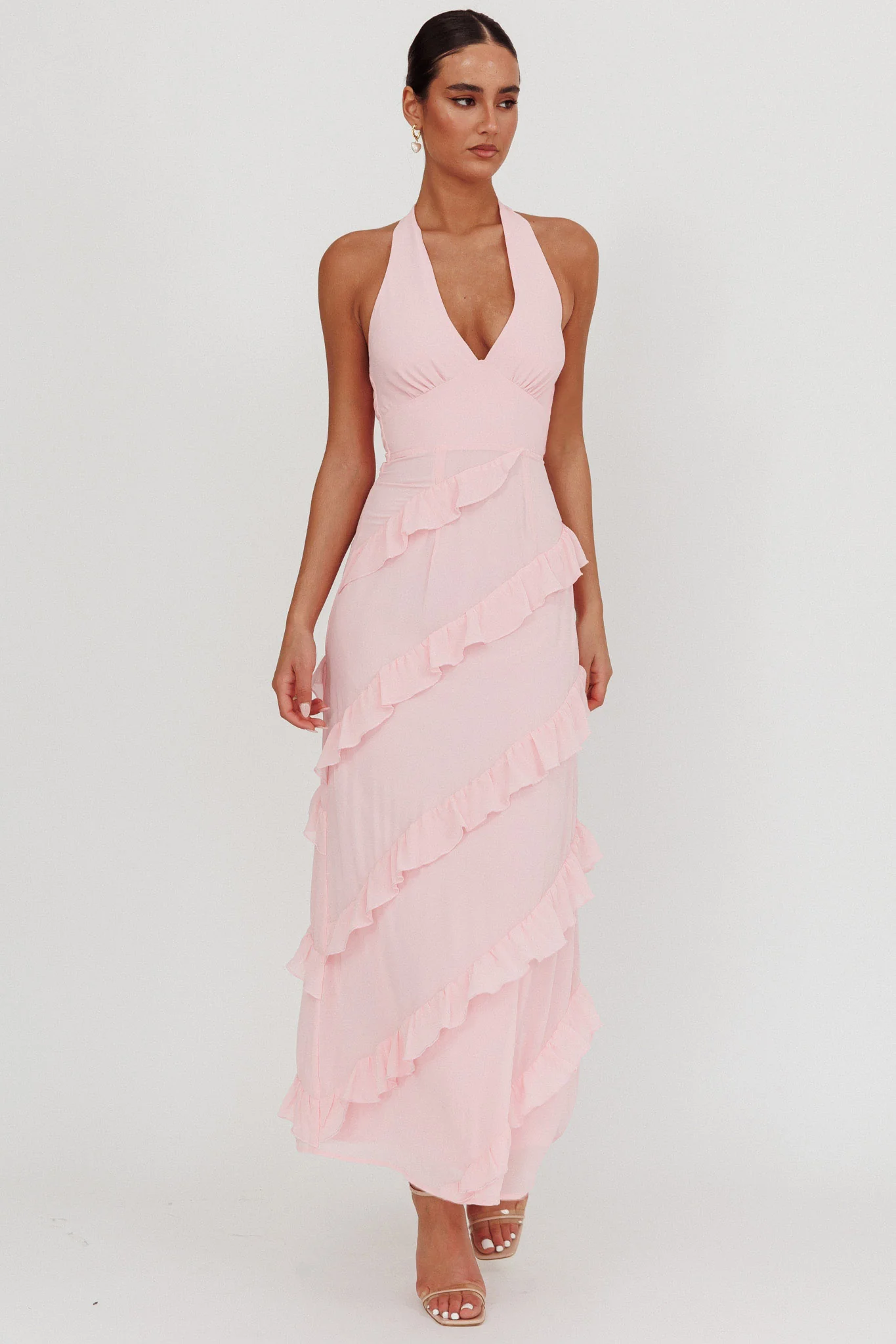 Flirt Frill Trim Halter Maxi Dress Blush