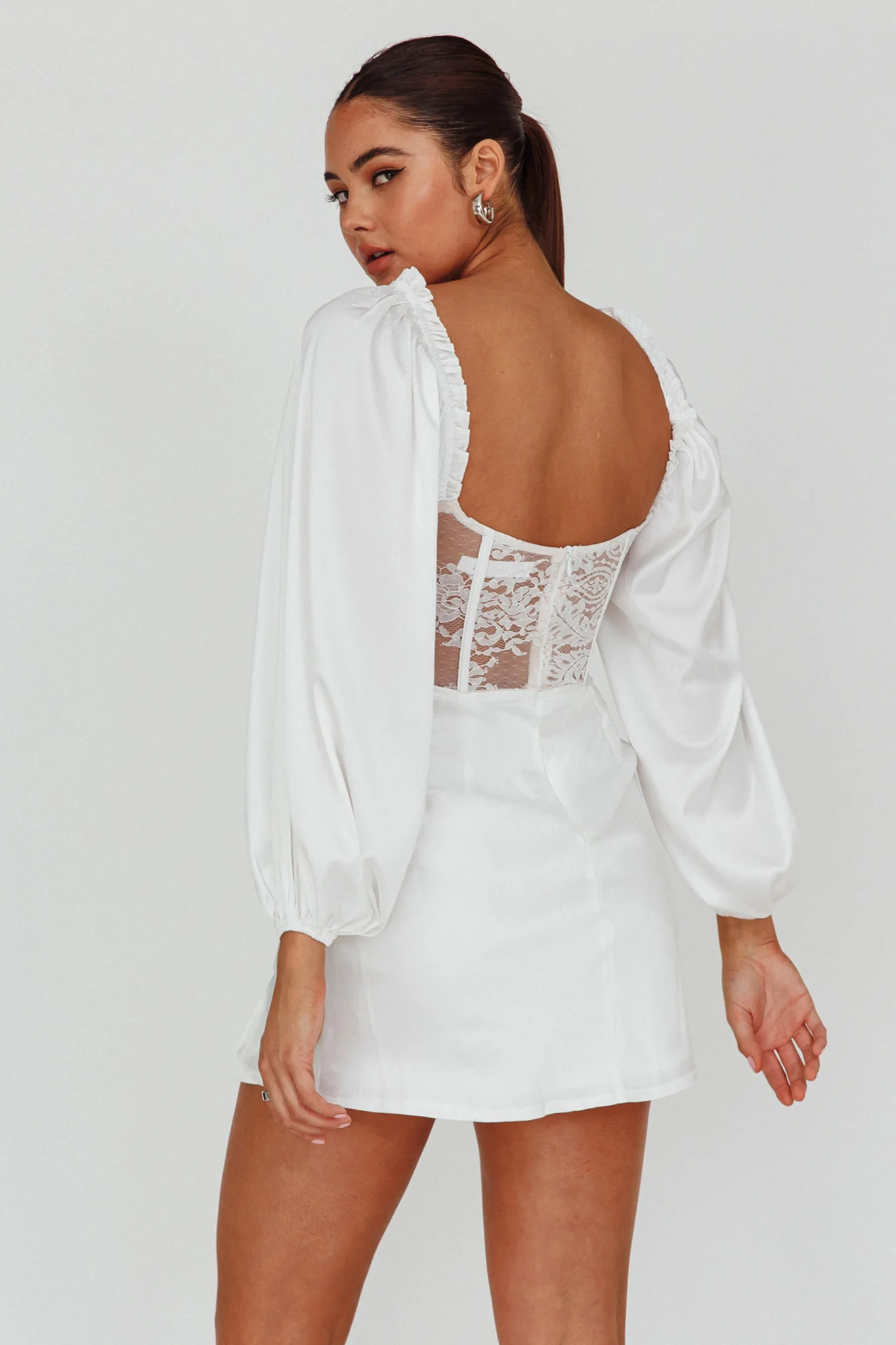 Trophy Long Sleeve Lace Bodice Mini Dress White