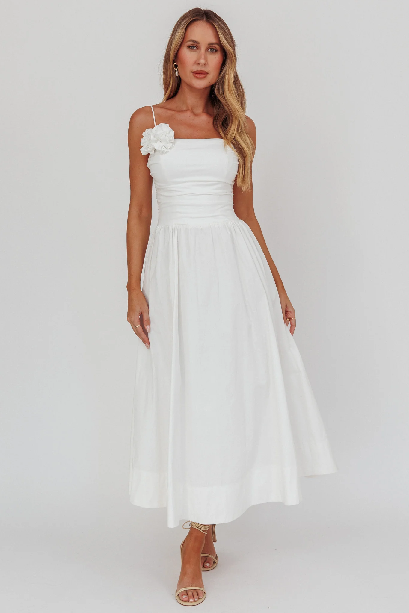Ezrah A-Line Rosette Maxi Dress White