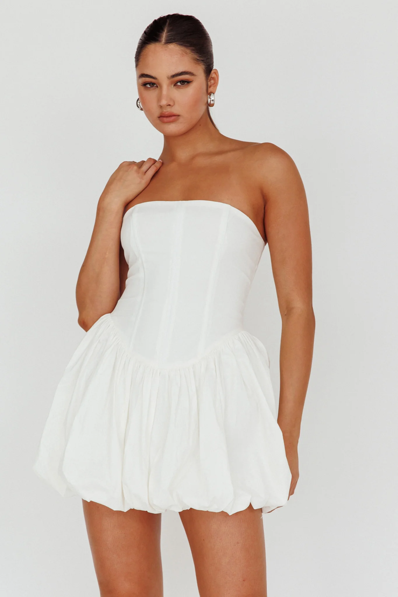 Monti Strapless Bubble Hem Mini Dress White