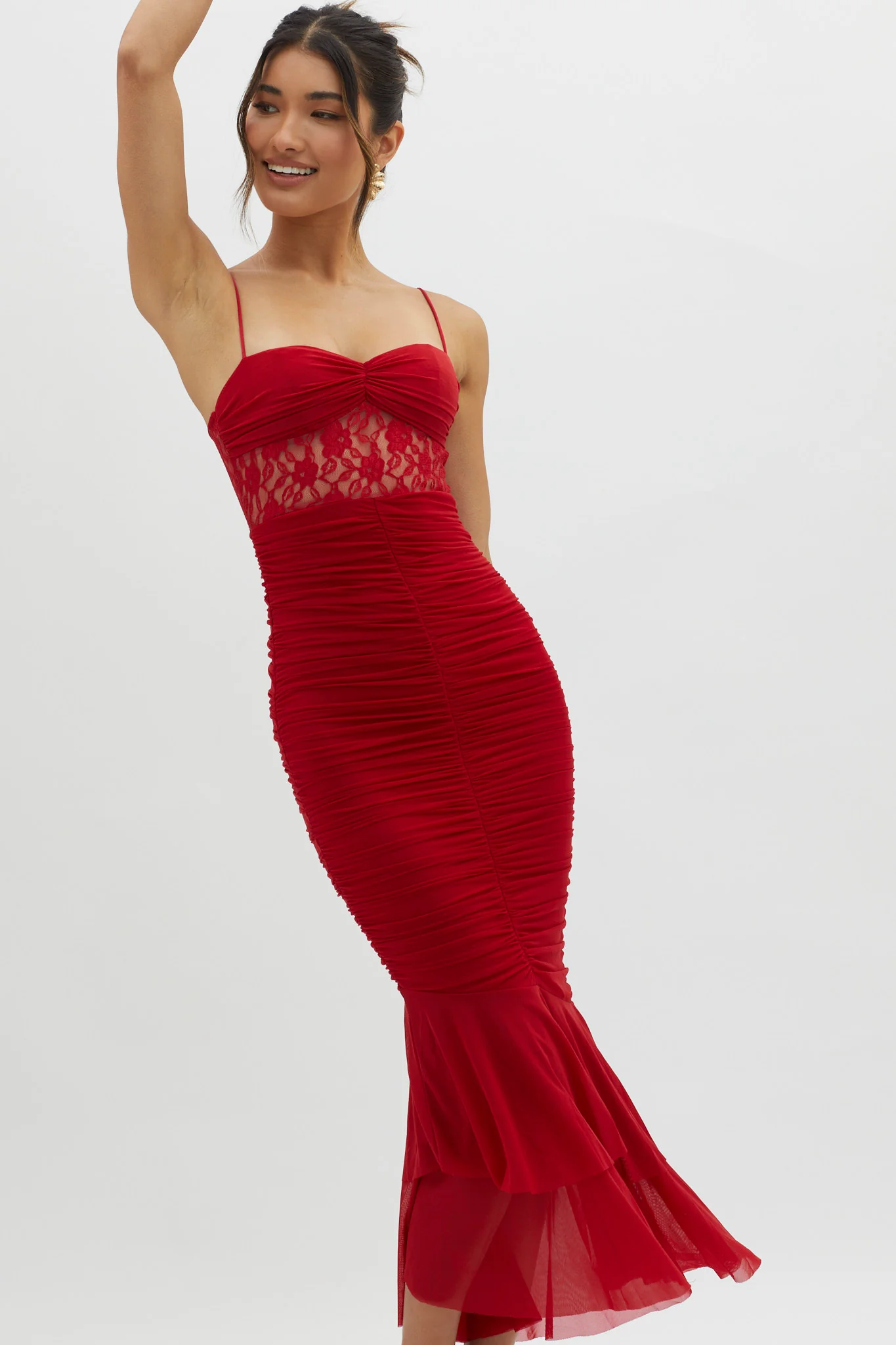 Cherubim Lace Insert Ruched Midi Dress Red