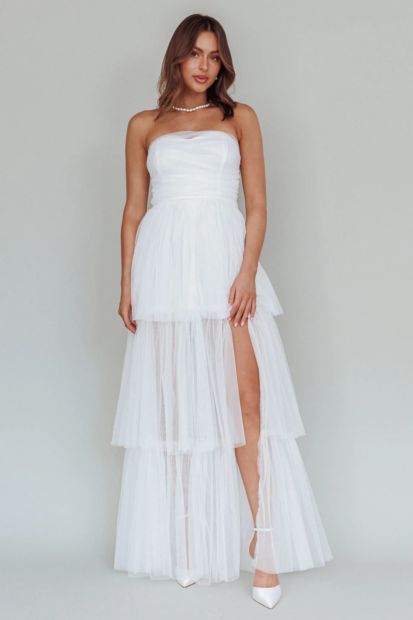 Haeven Tiered Strapless Maxi Dress White