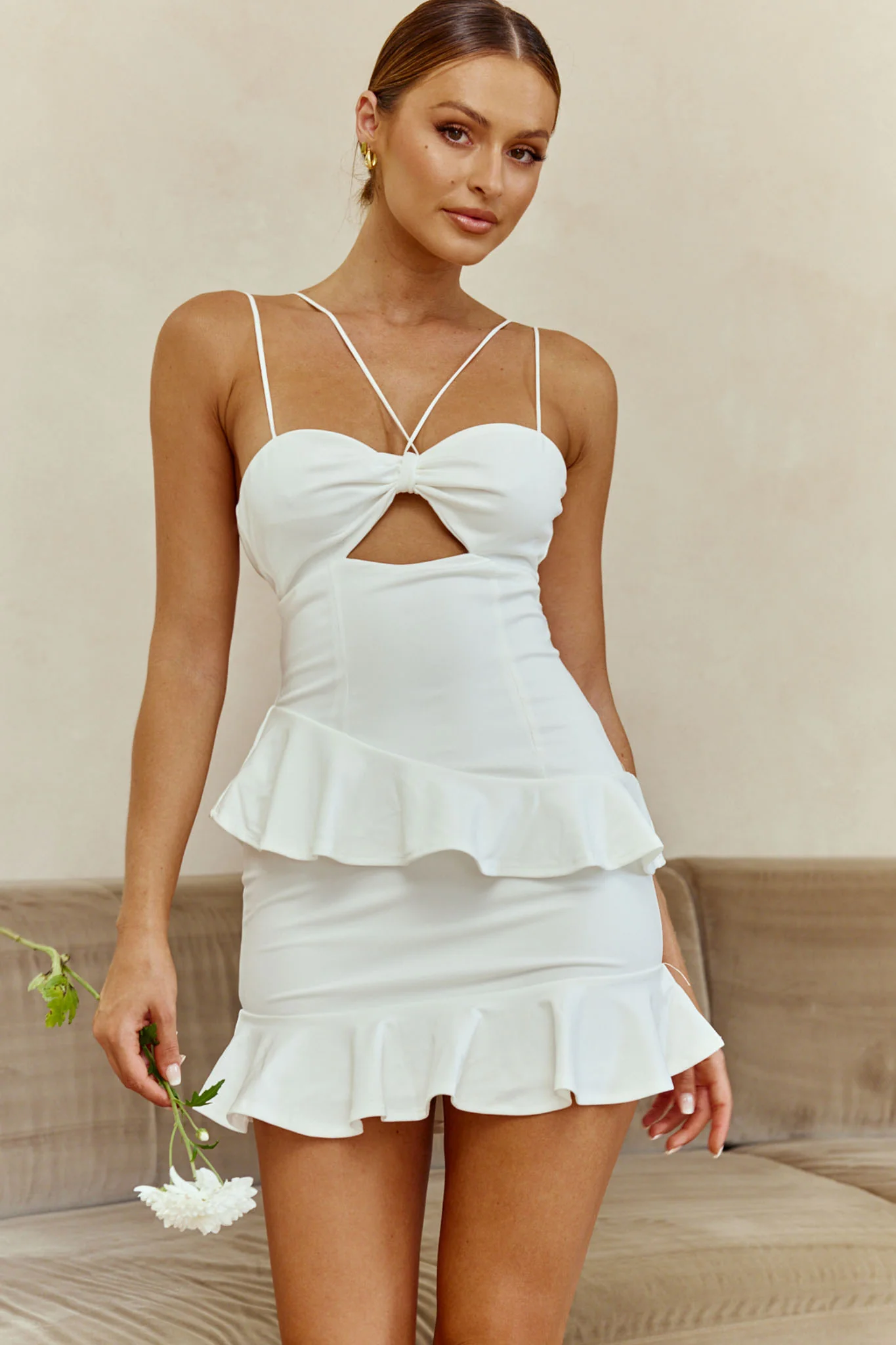 Moment Of Truth String-Tie Ruffle Trim Mini Dress White