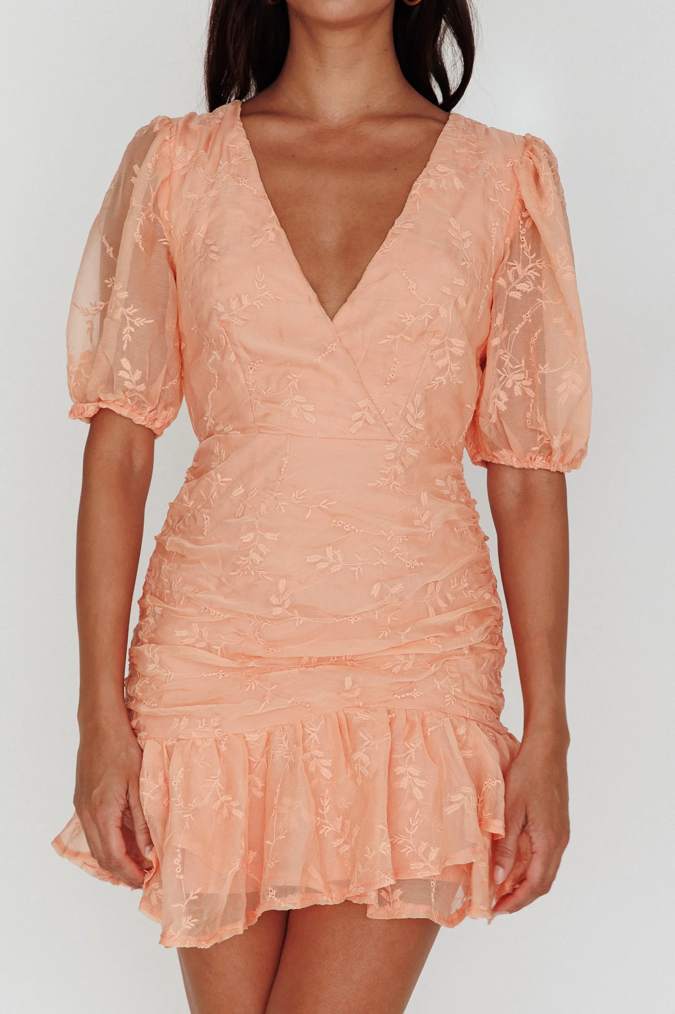 Cherry Blossom Puff Sleeve Wide Ruffle Hem Dress Orange