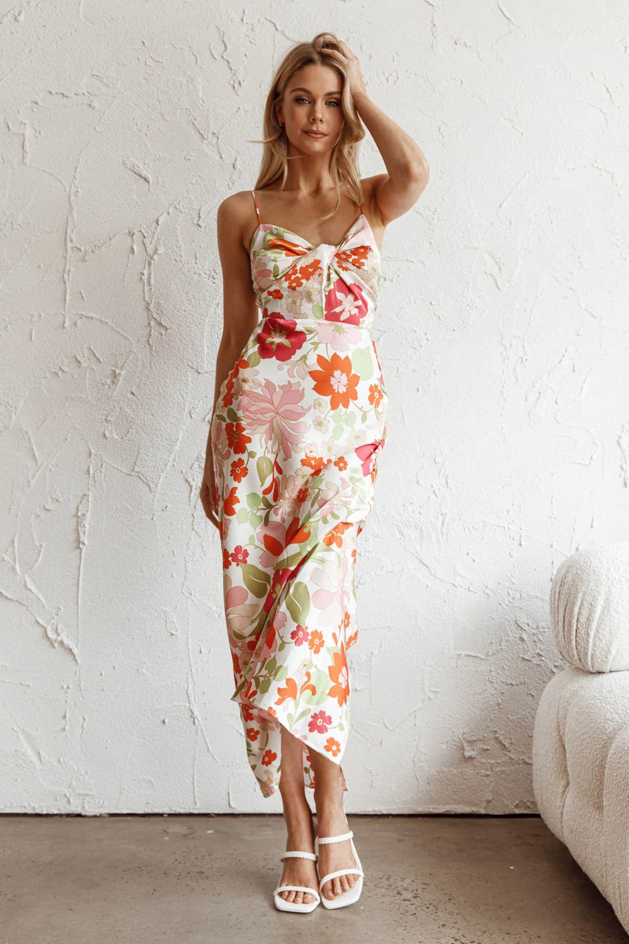 Sea Change Twist Bust Midi Dress Floral White