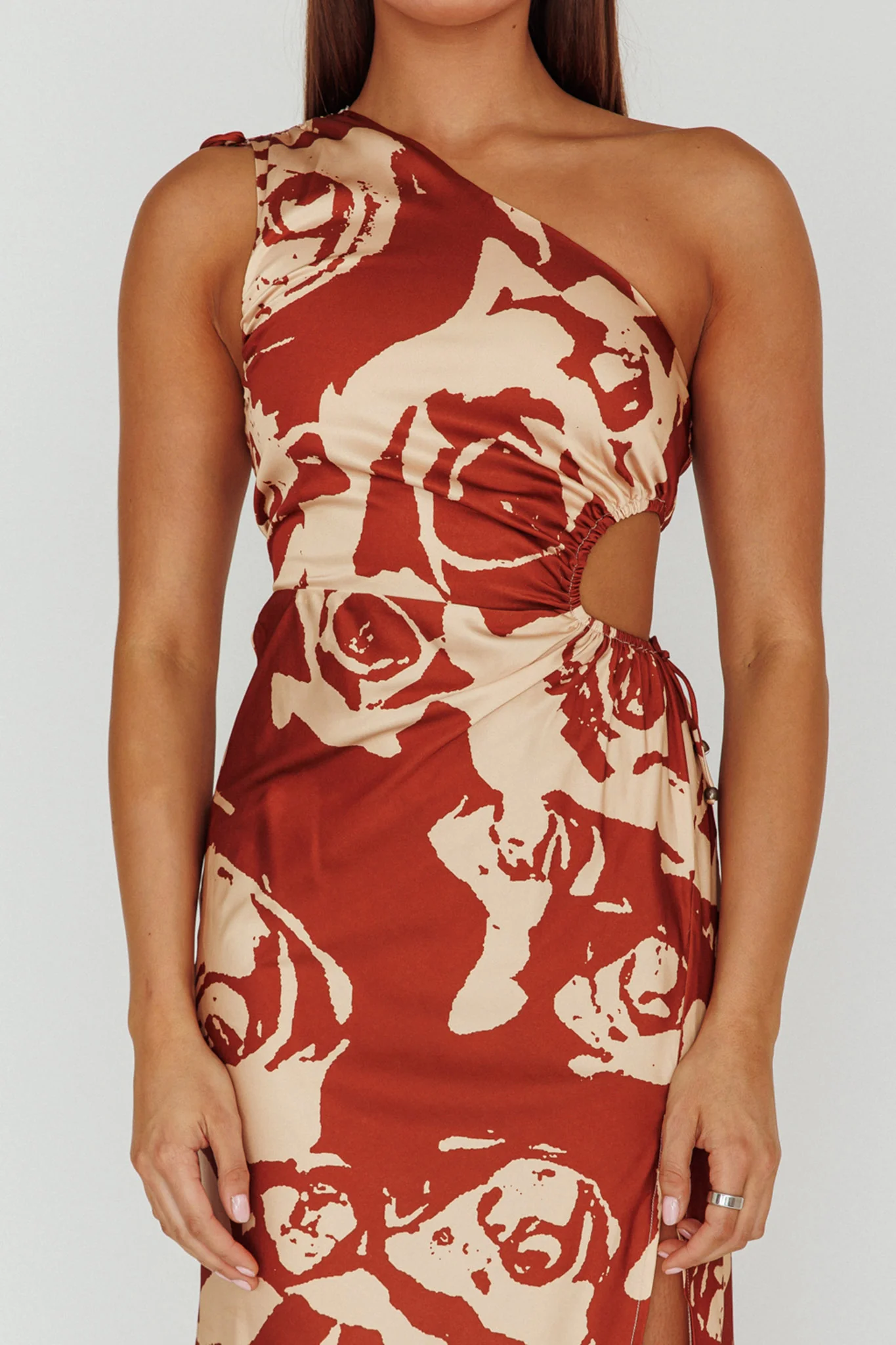 Charisma One-Shoulder Cut-Out Midi Dress Floral Coffee