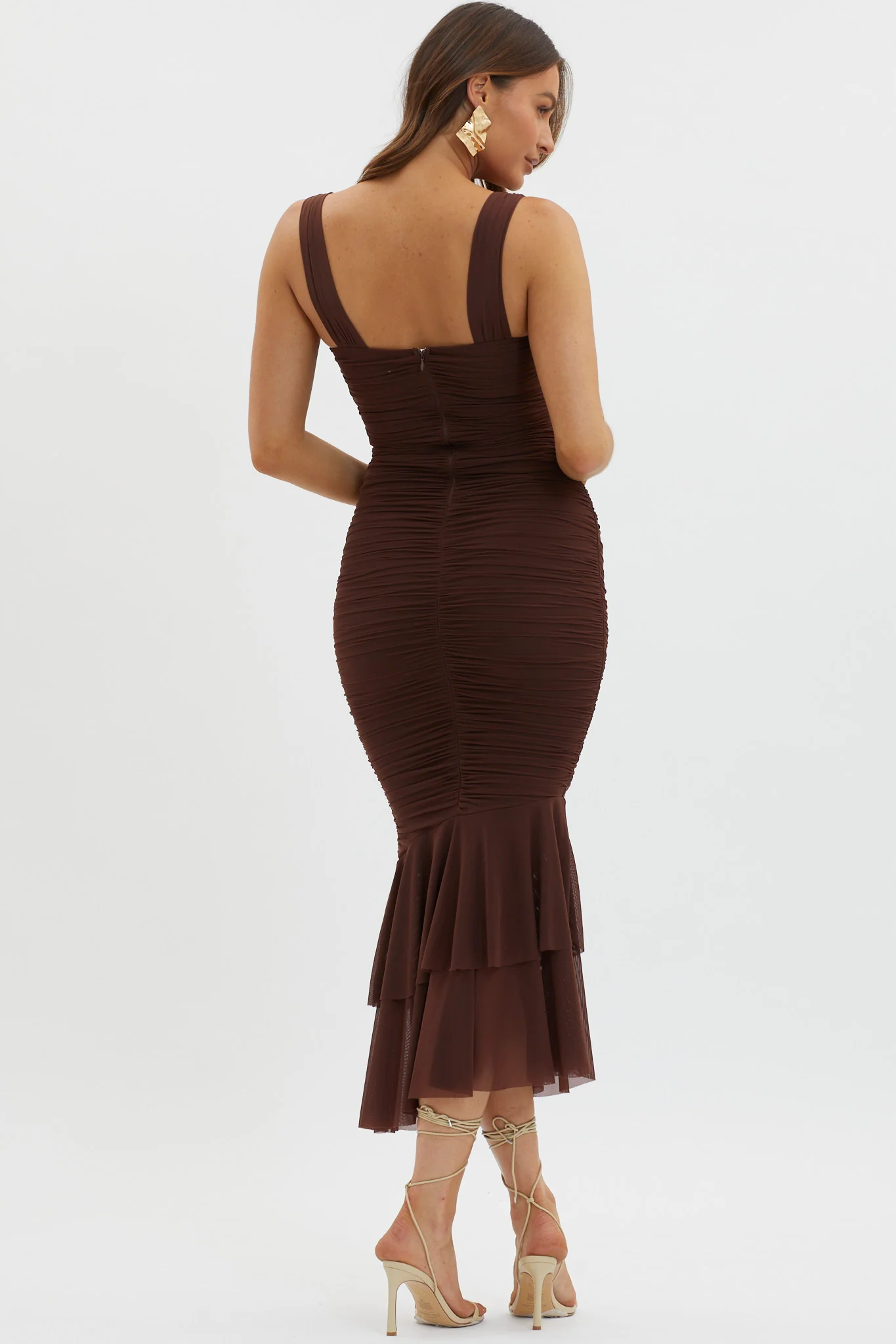 Nadia Ruched Fishtail Maxi Dress Chocolate