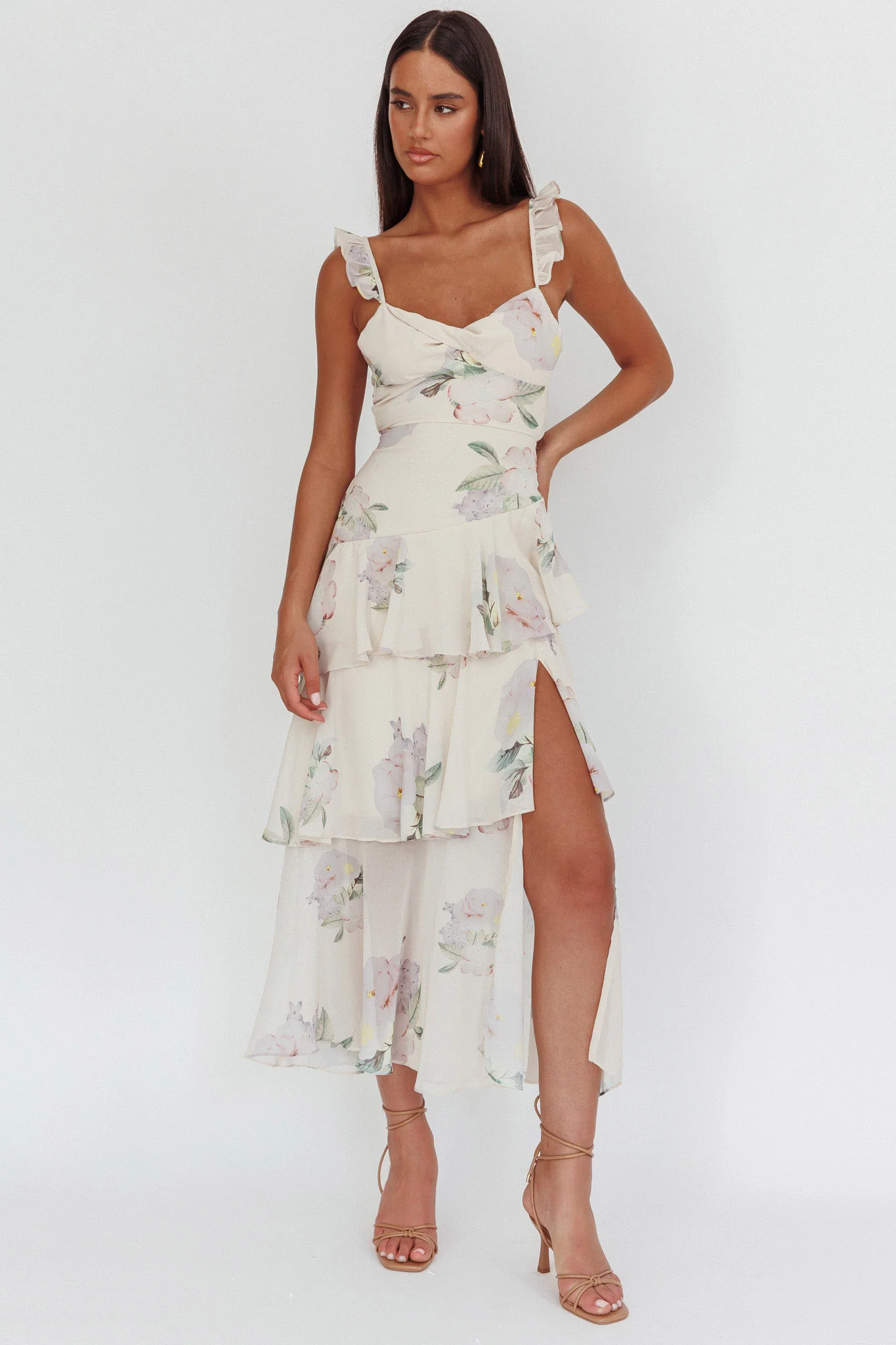 Veda Ruffle Strap Split Maxi Dress Magnolia Cream