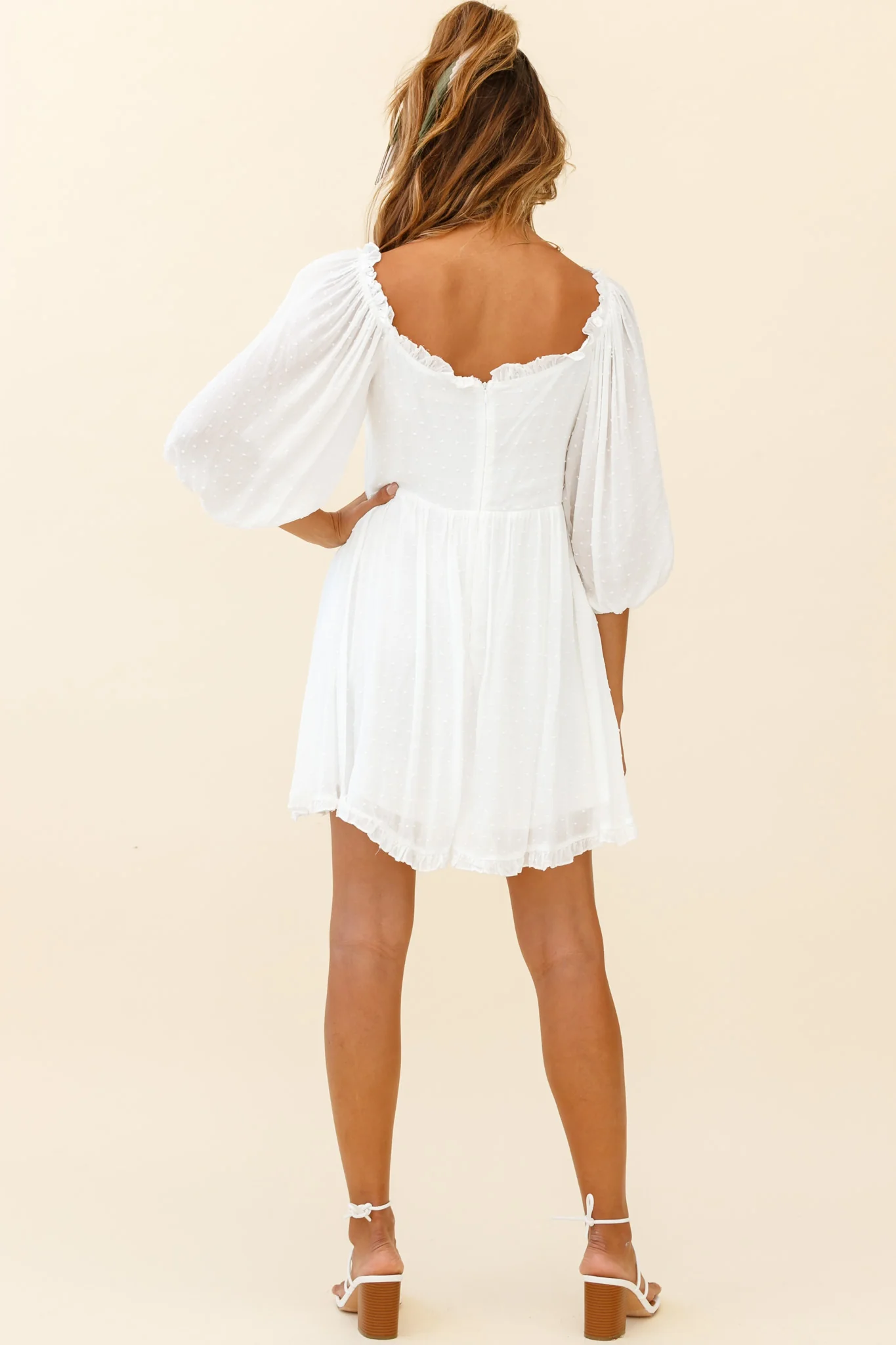 Dream Lover Puff Sleeve Crochet Insert Dress White