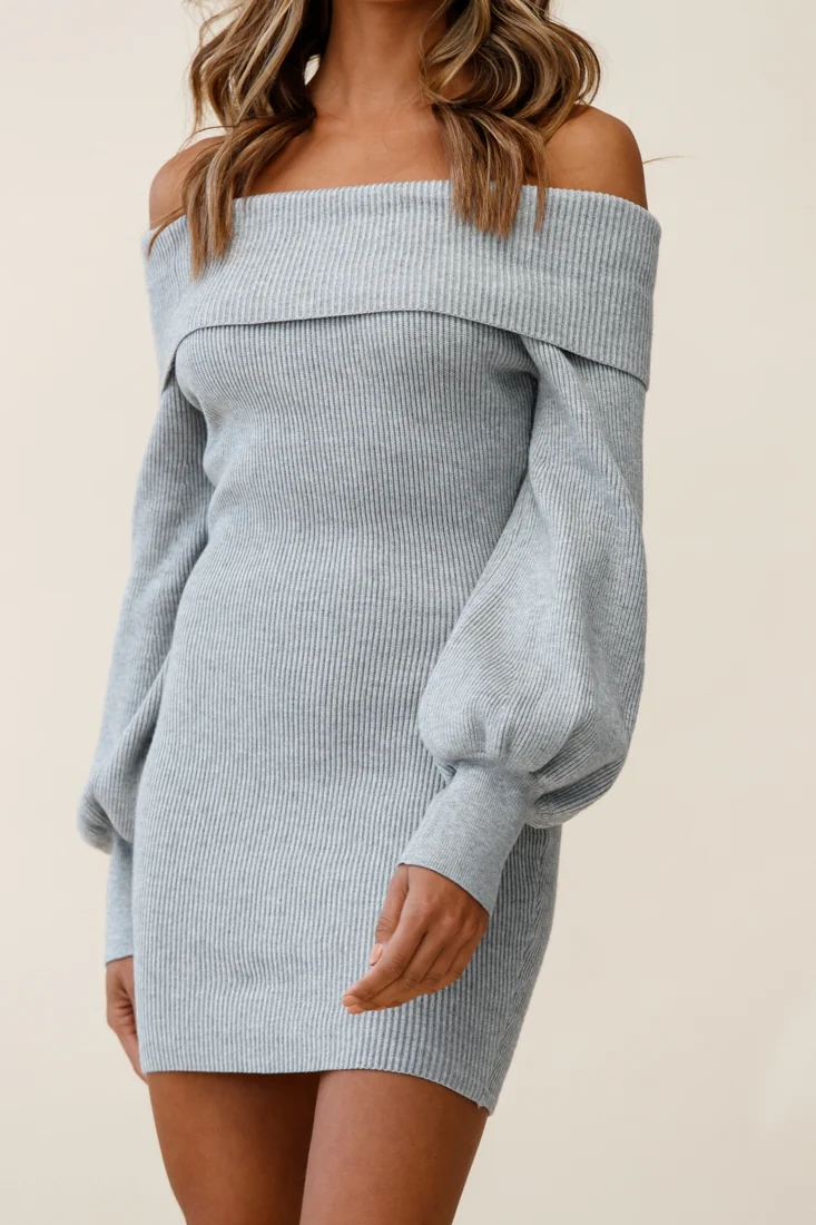 Runaway Off Shoulder Balloon Sleeve Knit Dress Grey