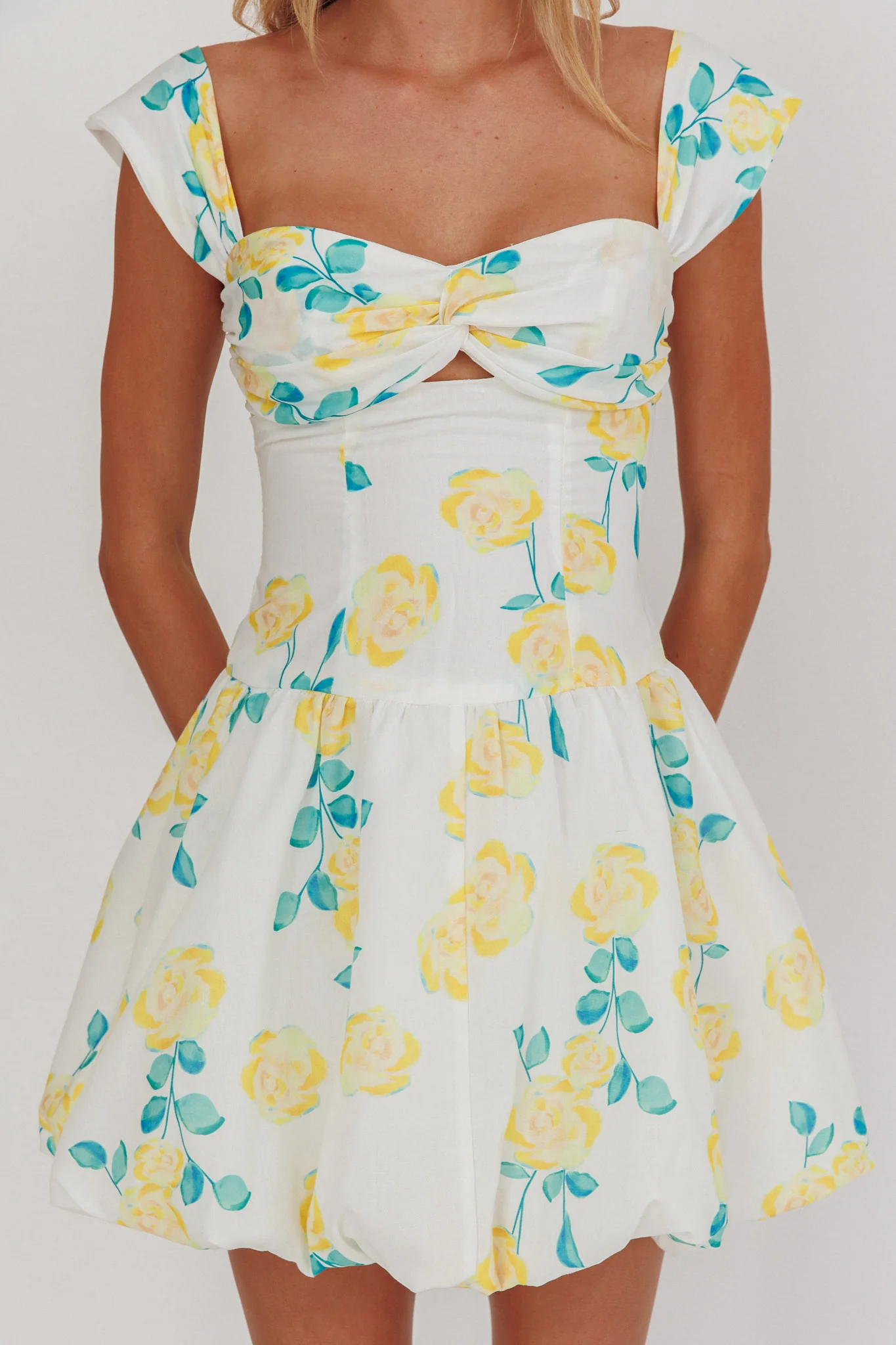 Cadi Twist Bust Balloon Mini Dress Floral Yellow