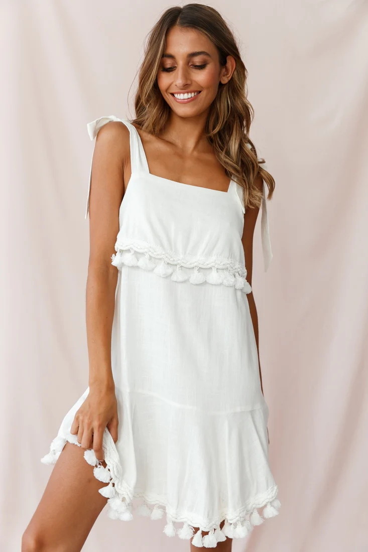 Sirocco Tassel Trim Tied Shoulder Dress White