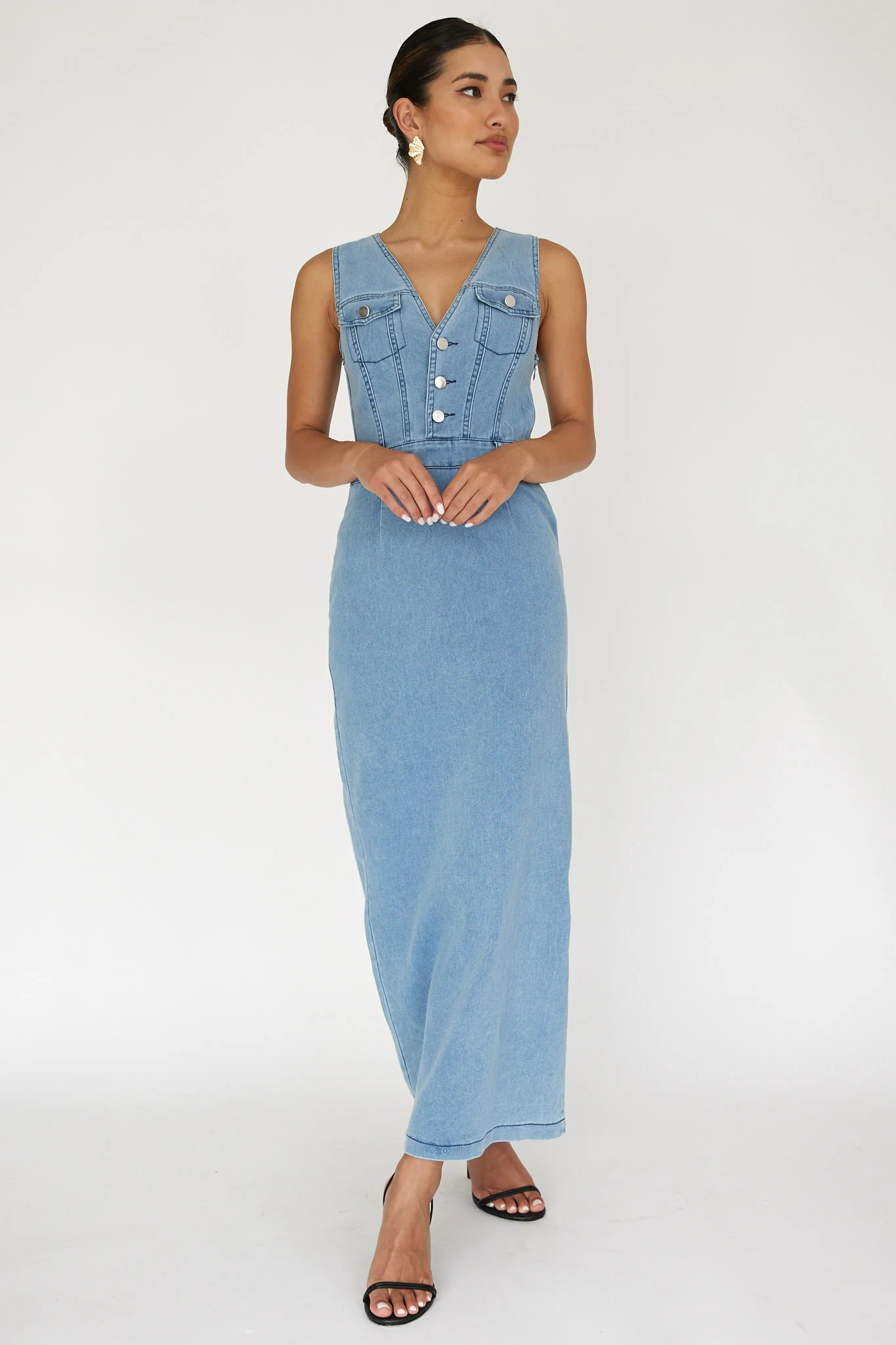 Jazelle Sleeveless Button Front Maxi Dress Denim