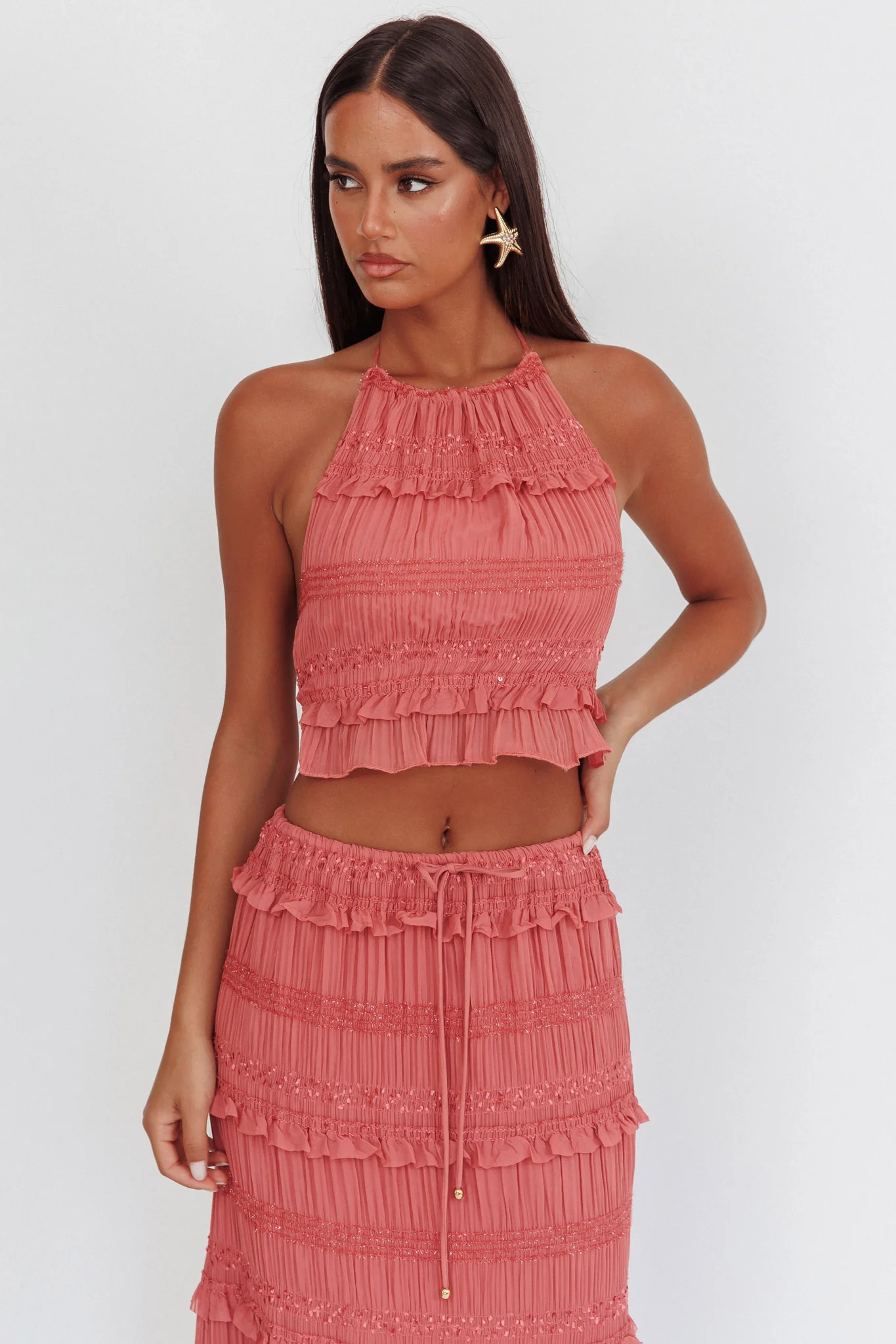 Helios Halterneck Shirred Sequin Top Rose