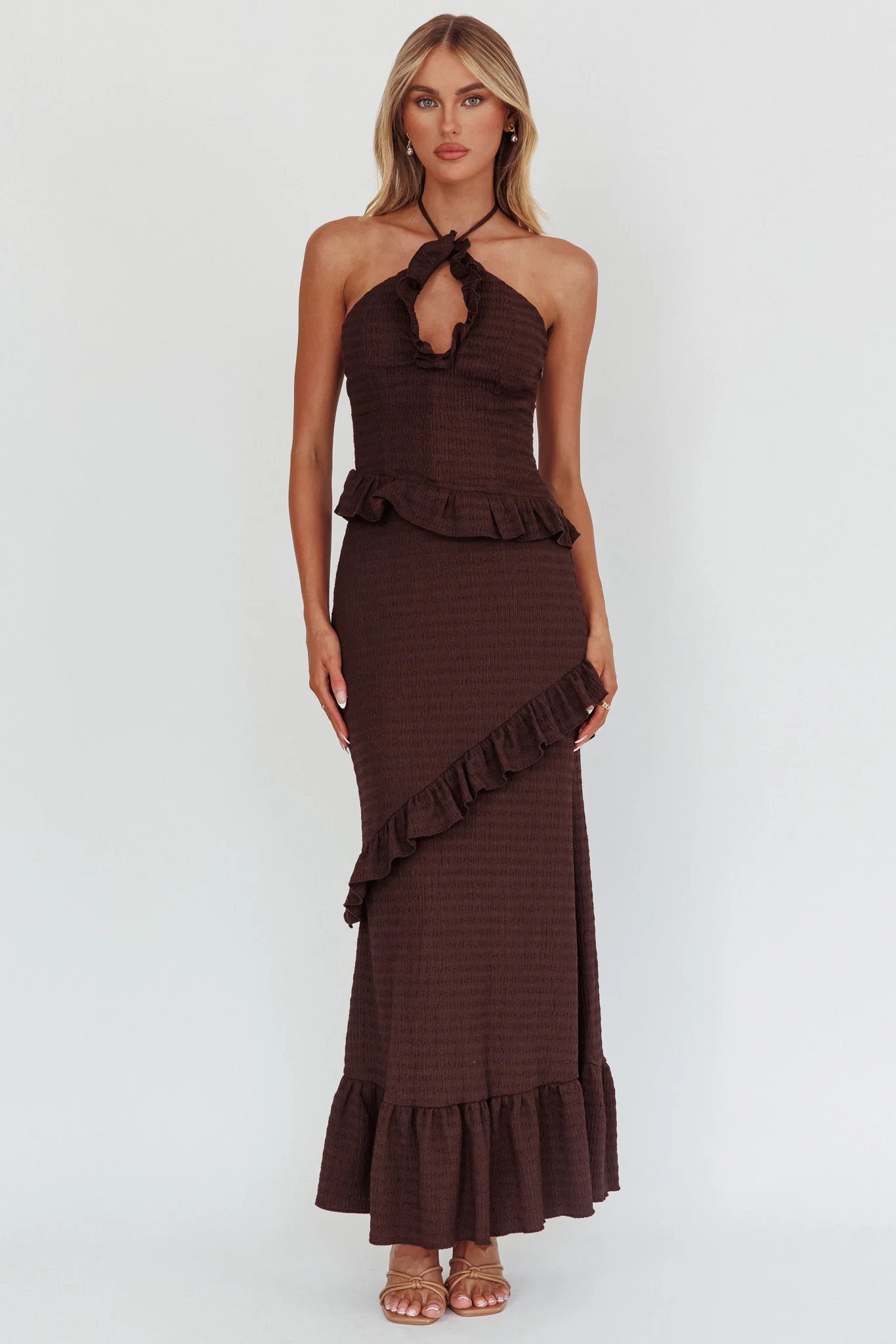 Clemence Smocked Frill Trim Maxi Dress Chocolate