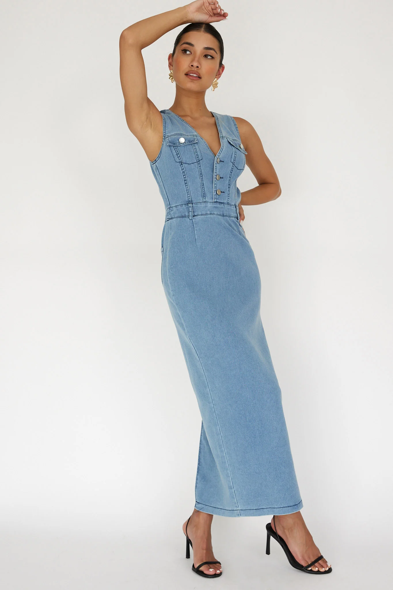 Jazelle Sleeveless Button Front Maxi Dress Denim
