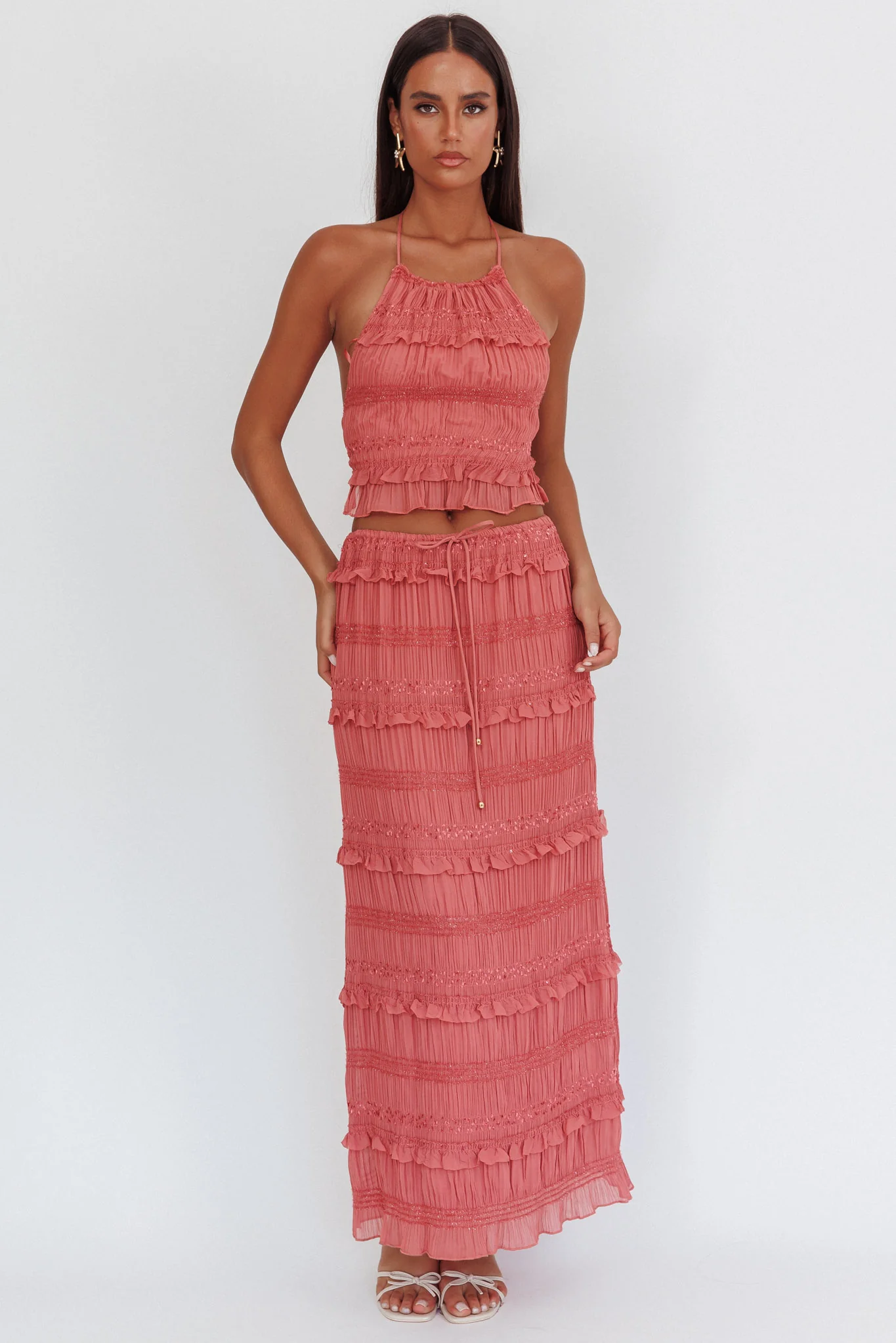 Helios Shirred Sequin Maxi Skirt Rose