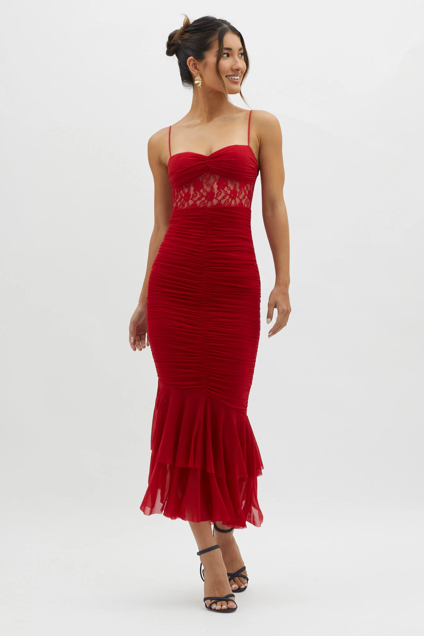 Cherubim Lace Insert Ruched Midi Dress Red