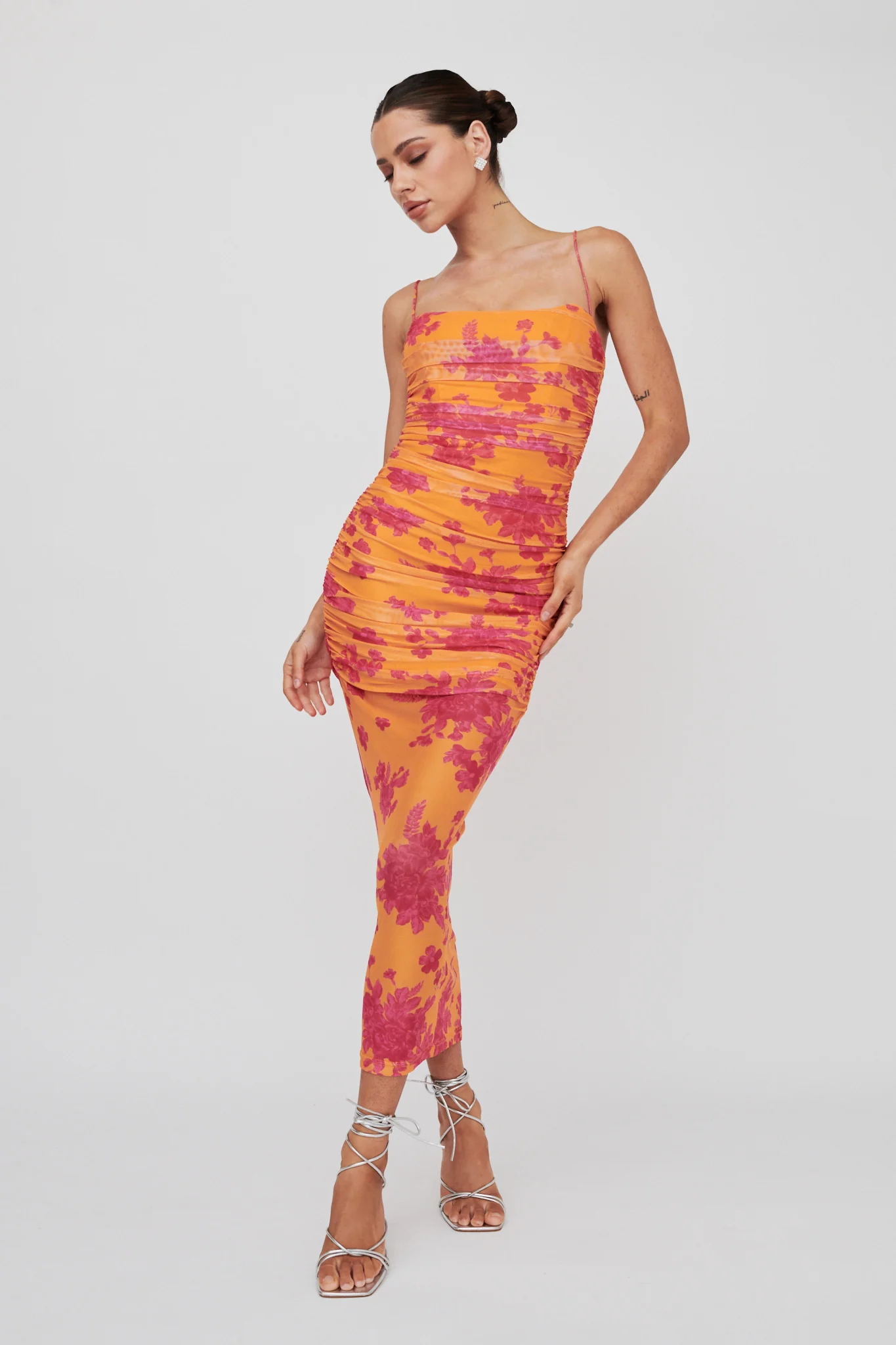 Logan Cami Strap Midi Dress Flower Orange