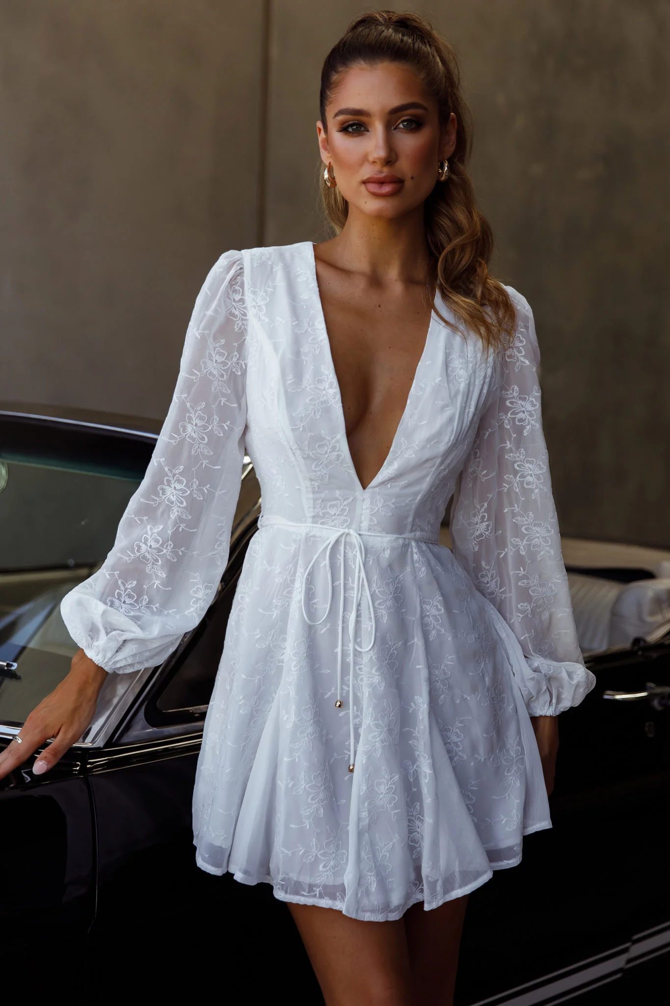 Estelle Long Sleeve V-Neckline Dress Embroidered White