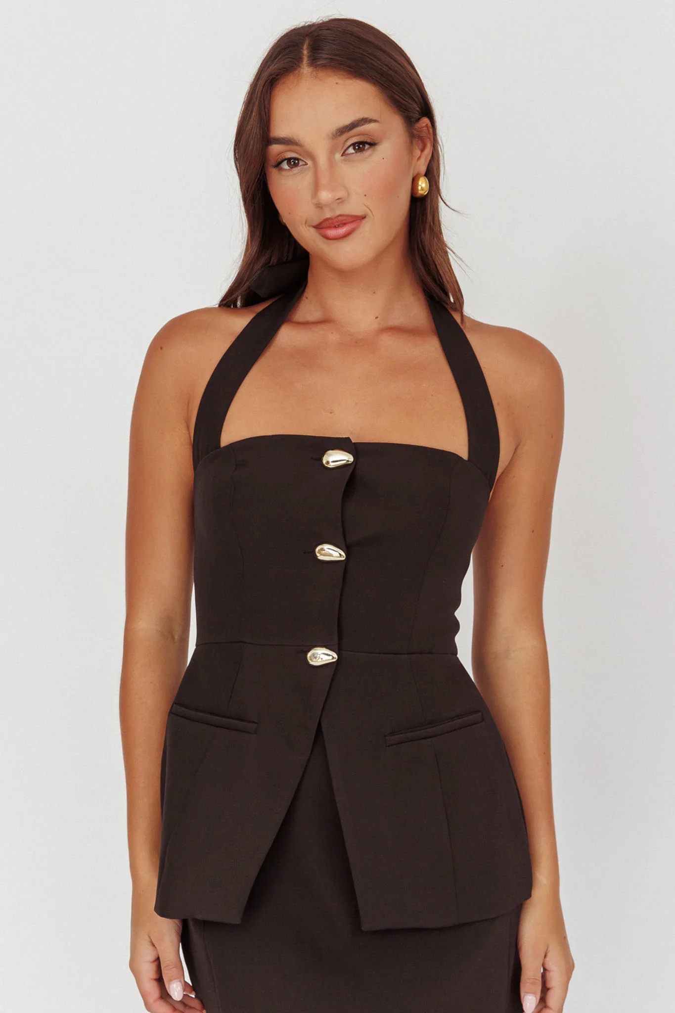 Tammi Button Front Halter Top Black