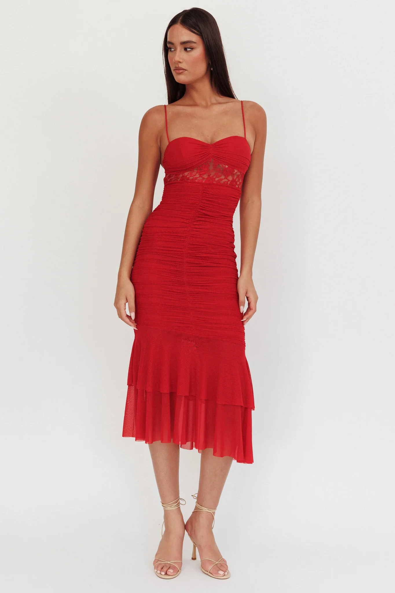 Cherubim Lace Insert Ruched Midi Dress Red