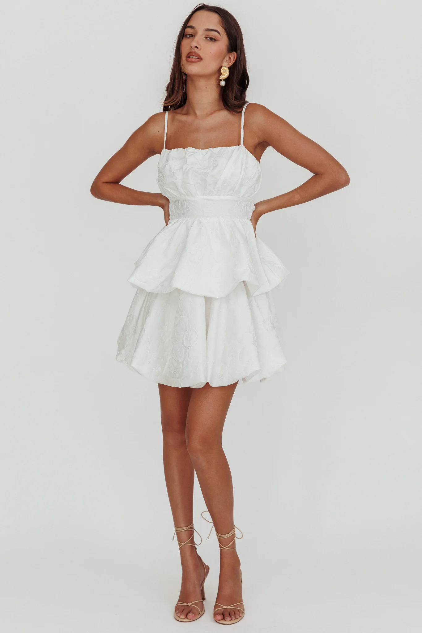 Zilara Bubble Hem Bow Mini Dress Jacquard White