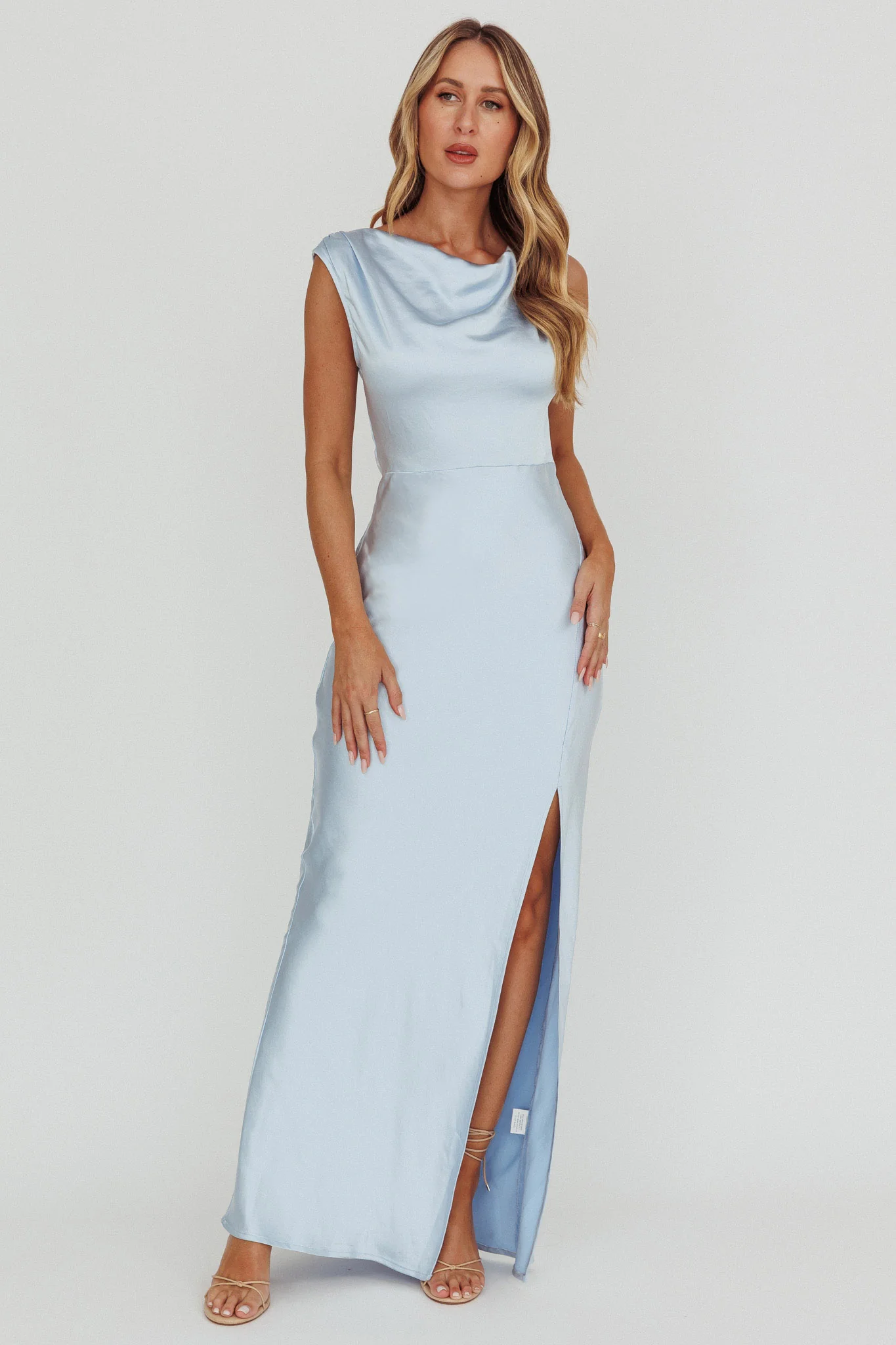Jinora Cowl Neck Leg Slit Satin Maxi Dress Blue