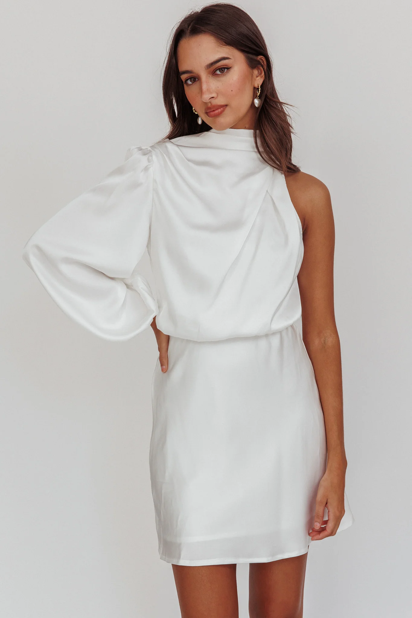 Can't Compete One Sleeve Mini Dress Off White