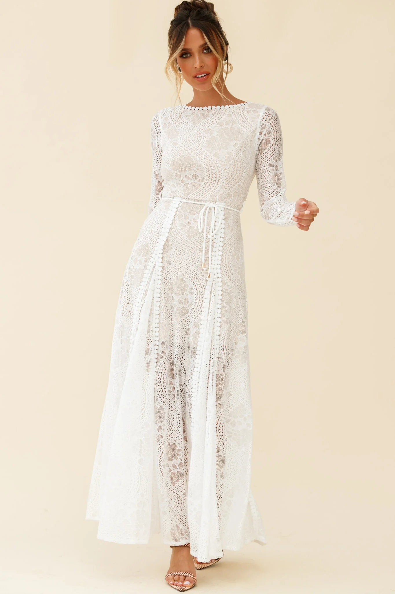 Palm Springs Long Sleeve Lace Overlay Maxi Dress White