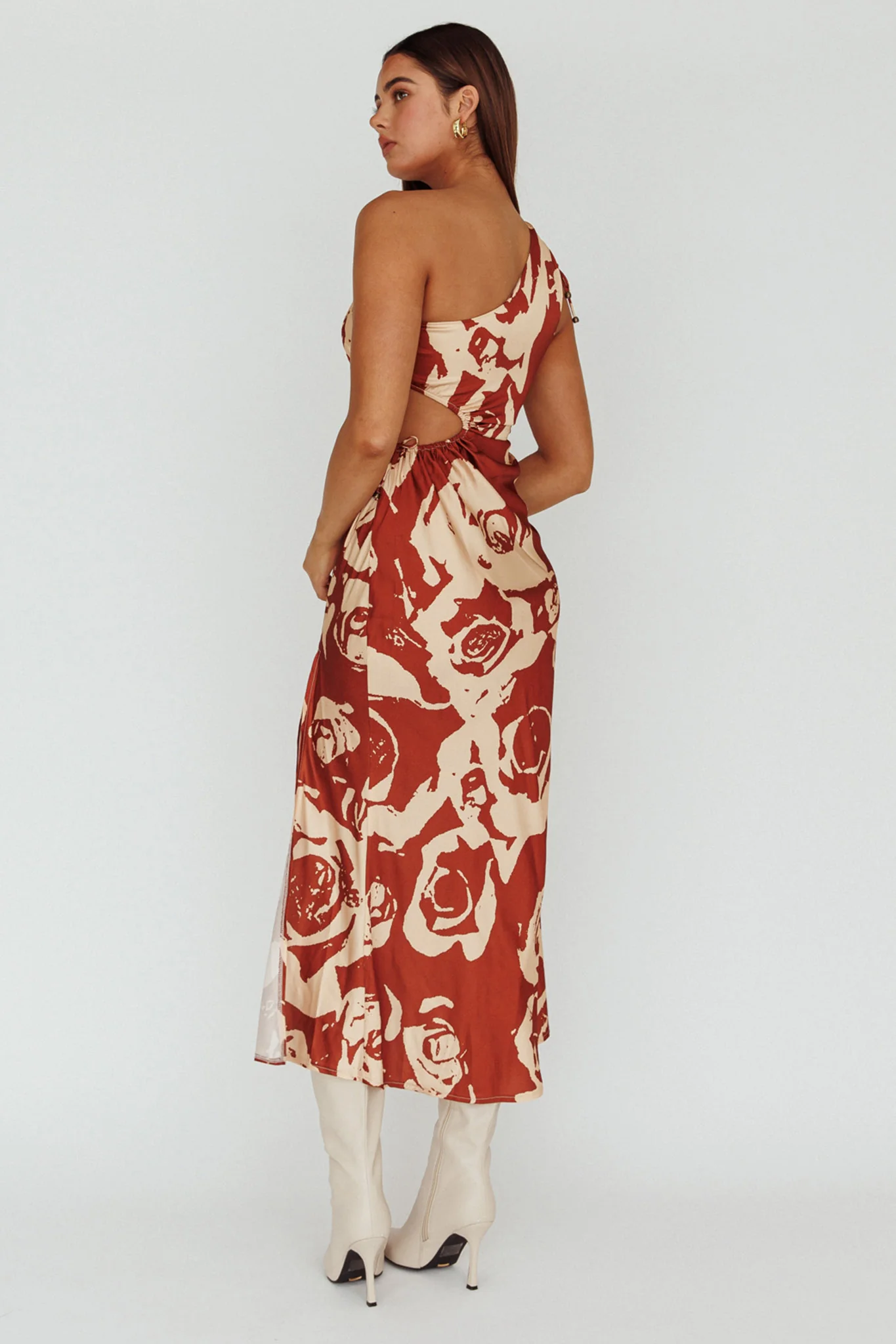 Charisma One-Shoulder Cut-Out Midi Dress Floral Coffee