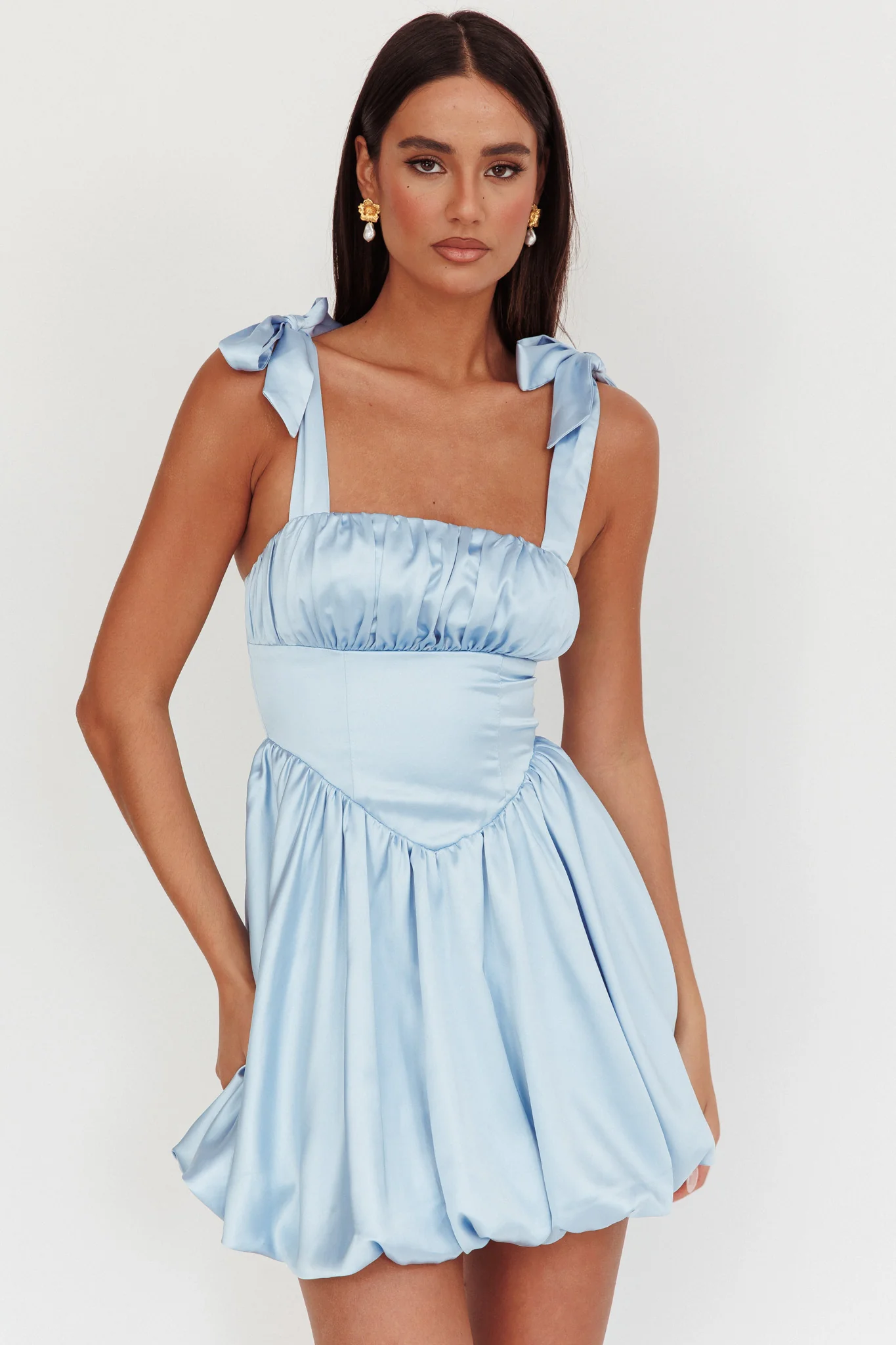 Just Magic Tied Shoulder Bubble Hem Mini Dress Baby Blue