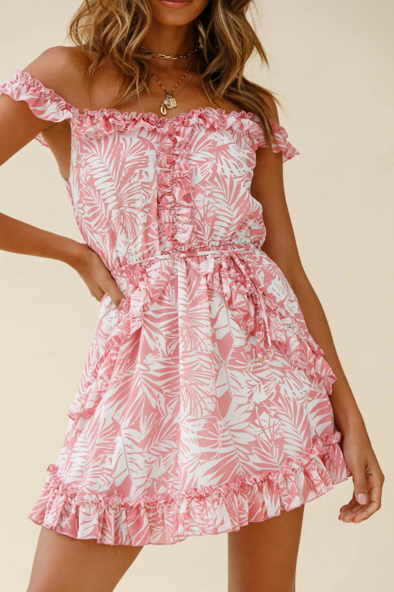 Sail Away Off-Shoulder Frill Accent Dress Tropical Print Pink