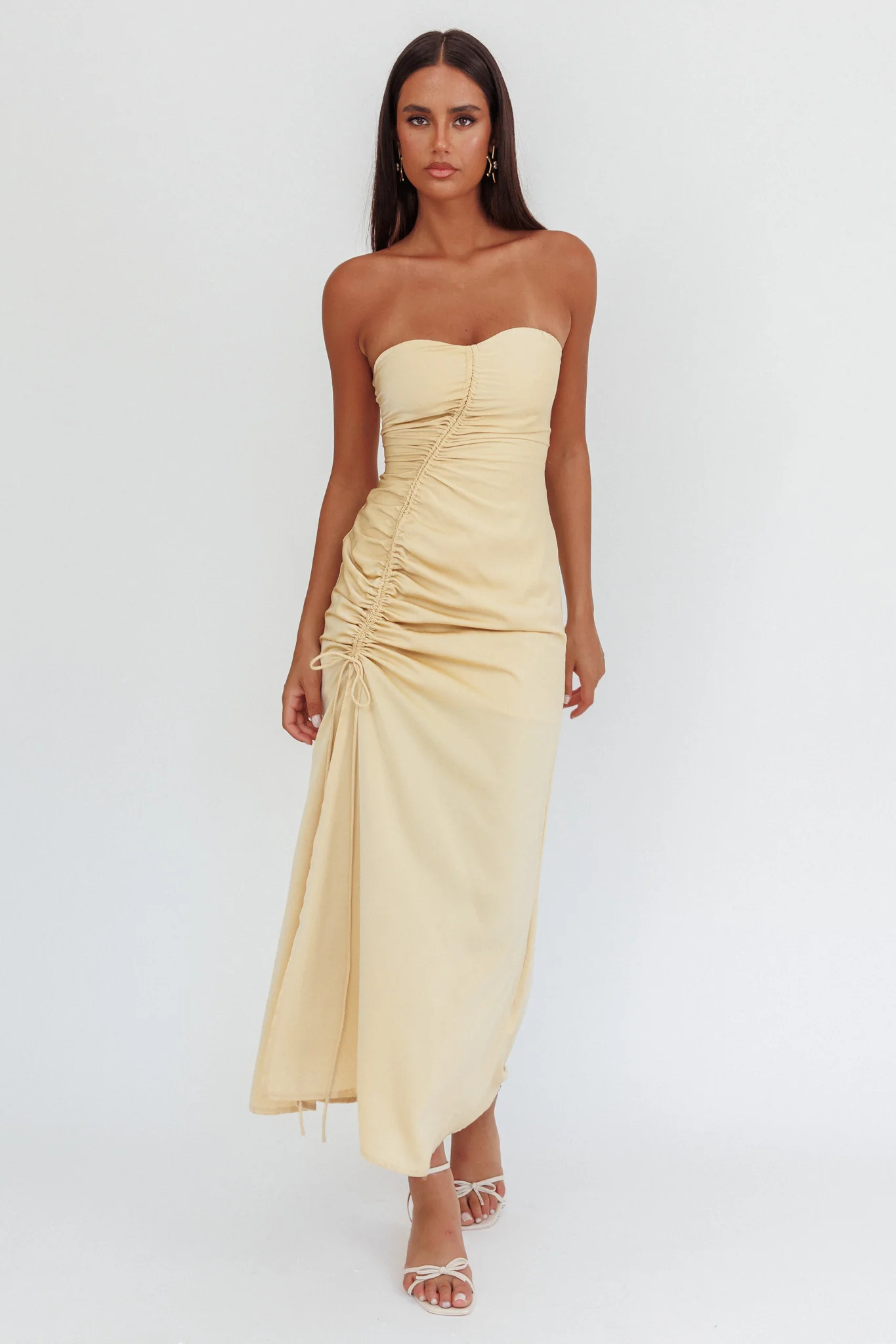 Molinda Strapless Ruched Drawstring Maxi Dress Golden