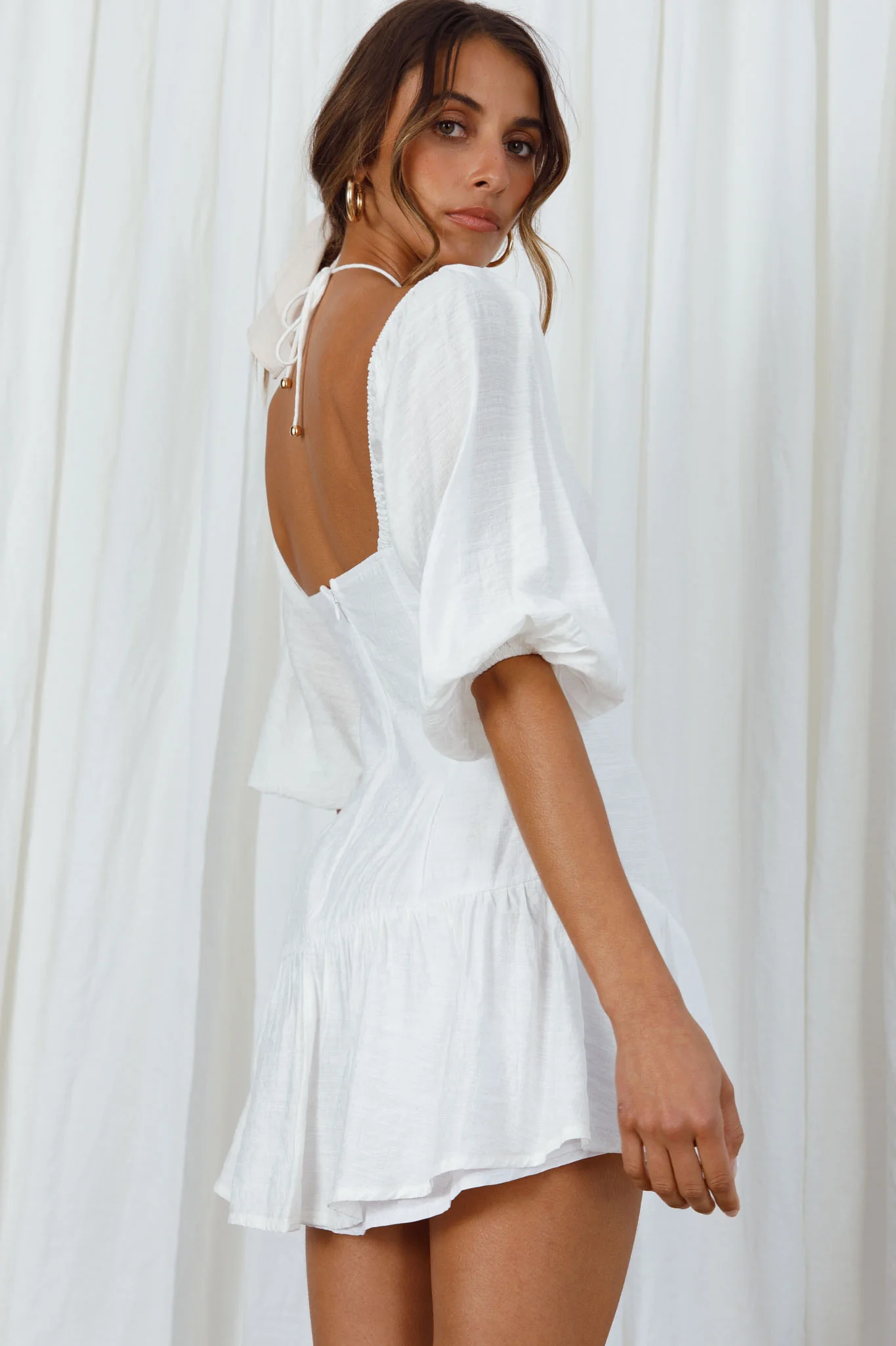 Summertime String-Tie Halterneck Puff Sleeve Mini Dress White