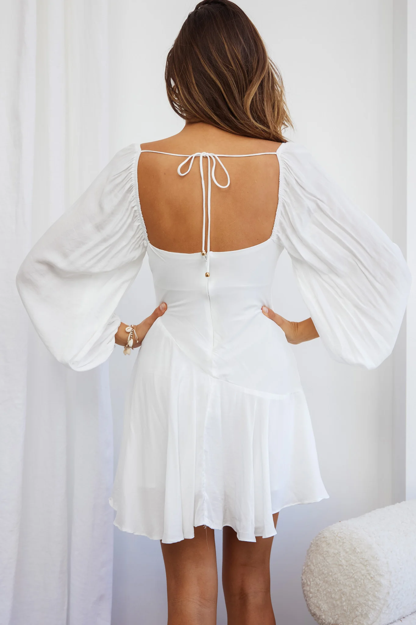 Beaujolais Long Sleeve Cowl Neckline Ruffle Satin Mini Dress White