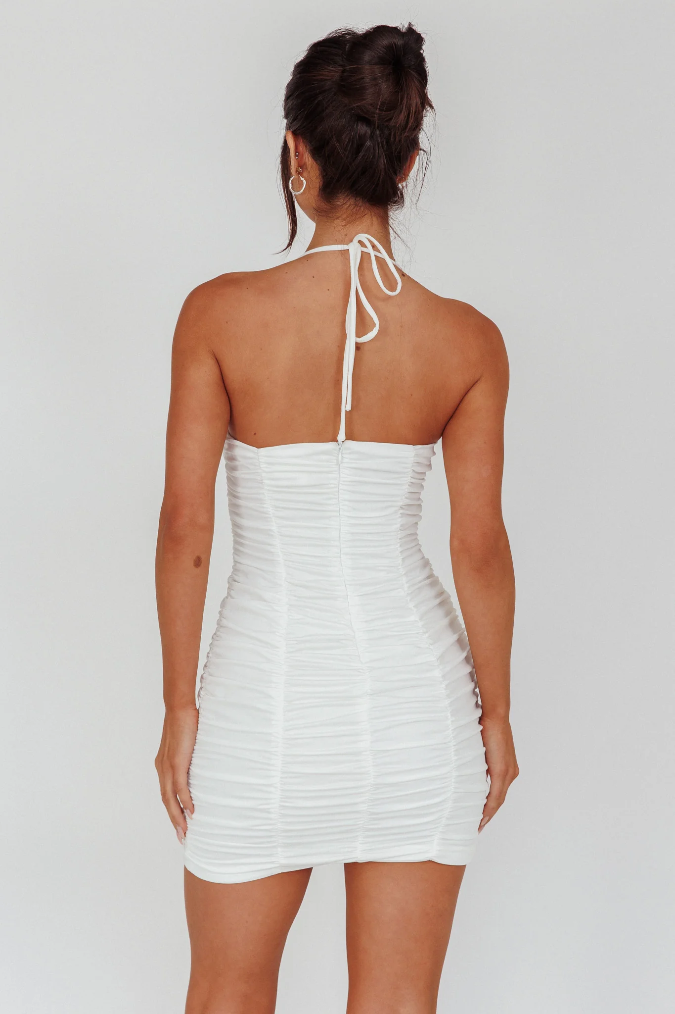 Harli Ruched Drawstring Keyhole Mini Dress White