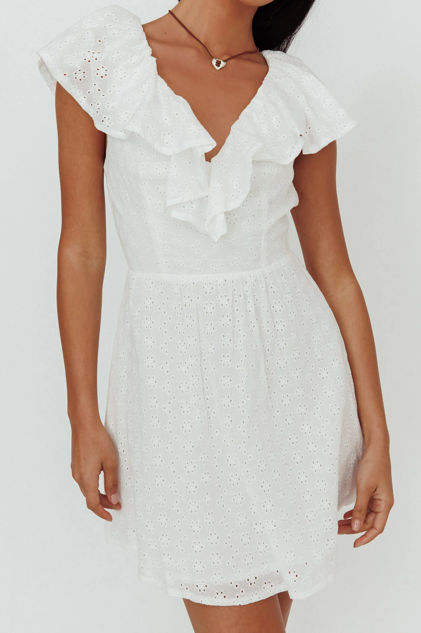 Kiarah Eyelet Ruffle Mini Dress White