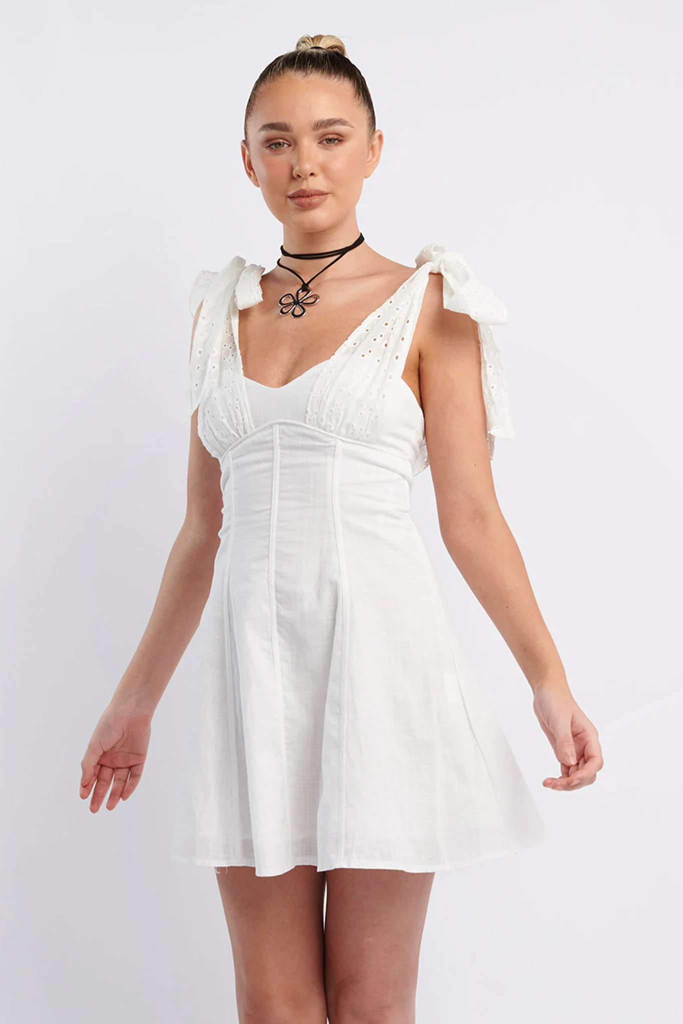 Kellie Bow Shoulder Mini Dress White