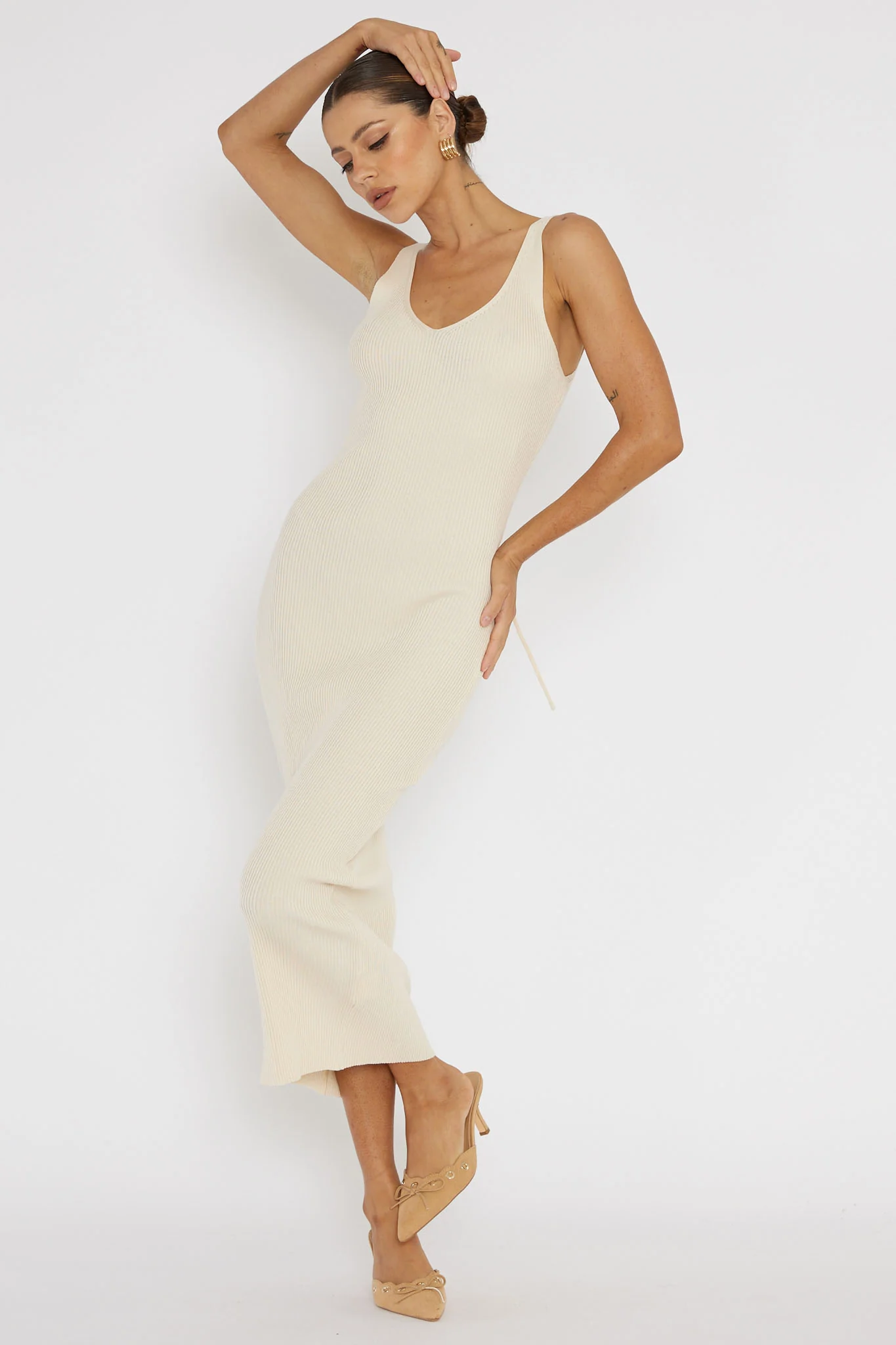 Linzi Lace-Up Back Knit Midi Dress Cream