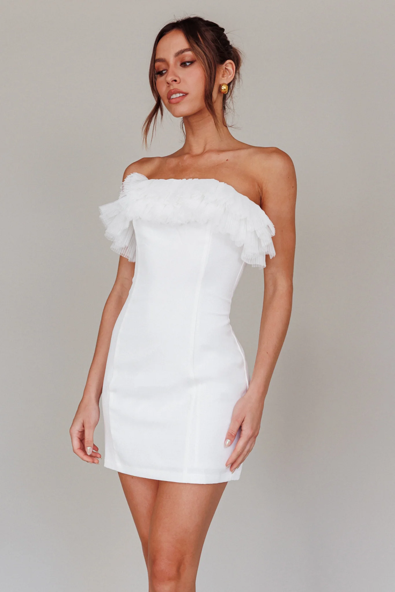 Elara Frill Neckline Mini Dress Off White