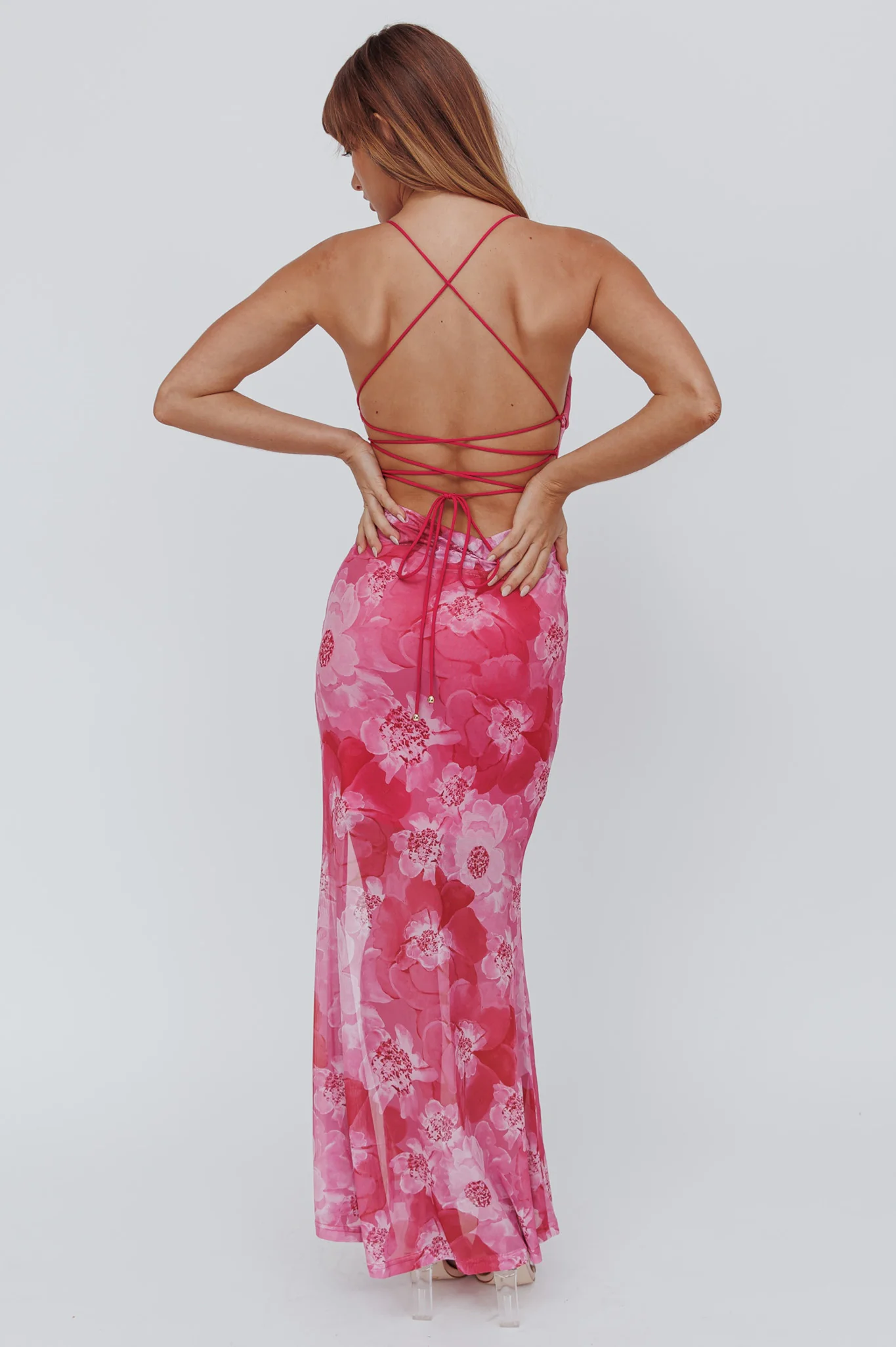 Osaka Sun Lace-Up Back Mesh Dress Pink