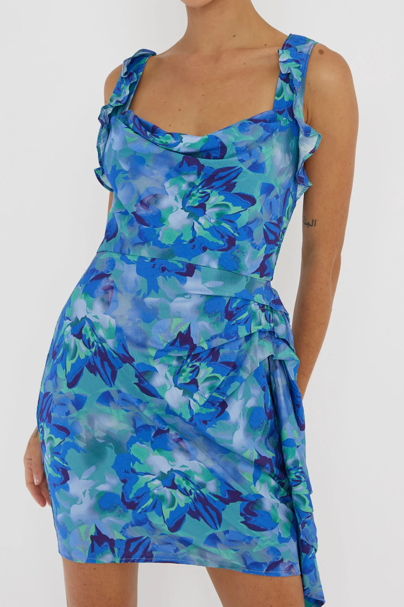 Heart Beat Ruffle Trim Mini Dress Blue